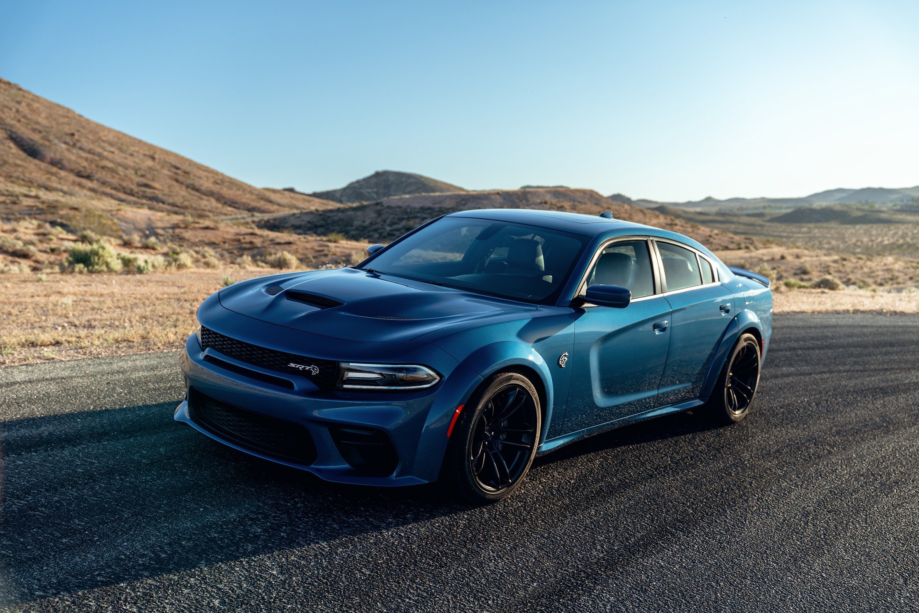 Blue Dodge Charger SRT Hellcat in desert landscape HD Wallpaper