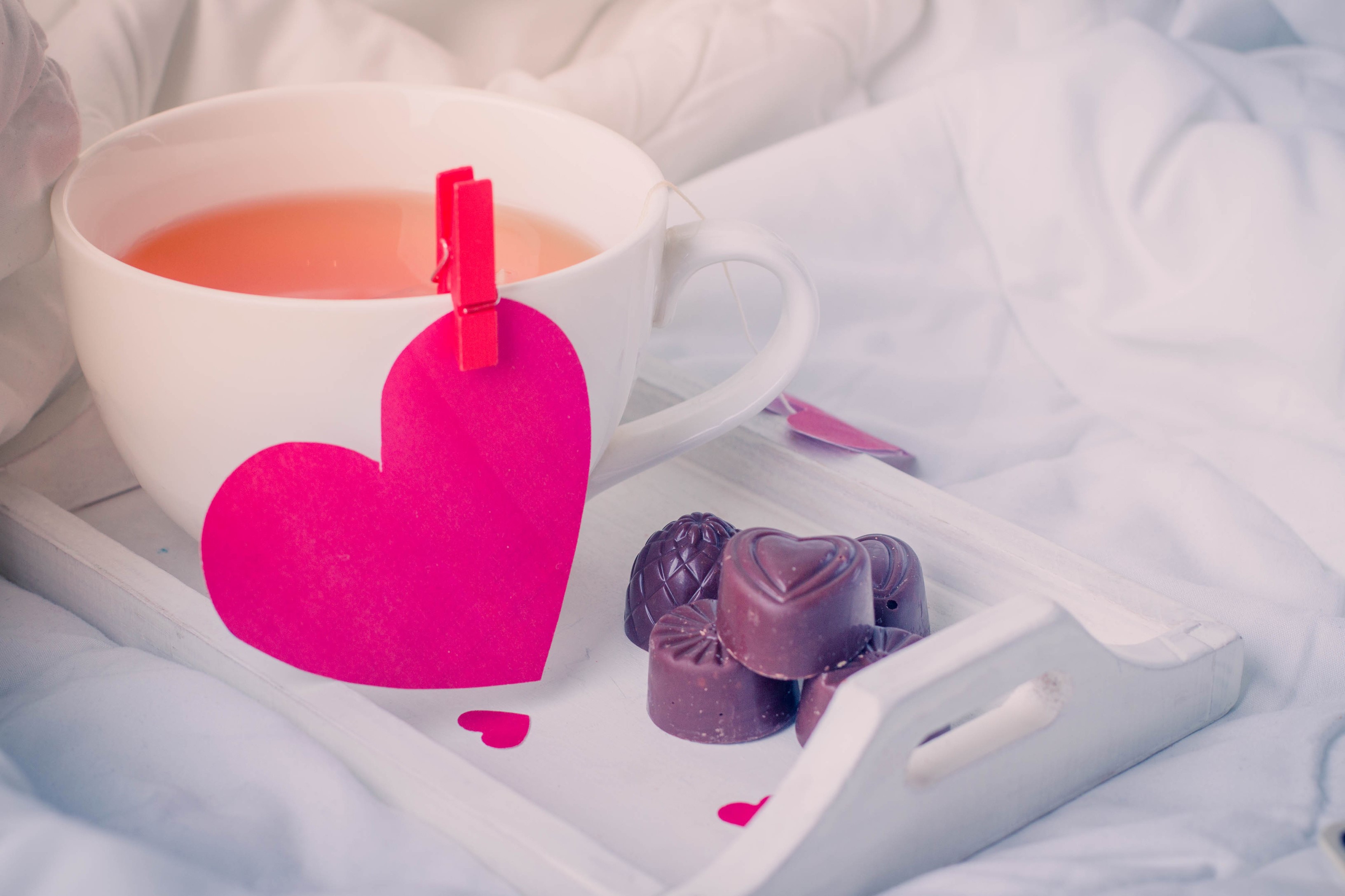 Valentine's Day tea with chocolates on a tray HD Wallpaper