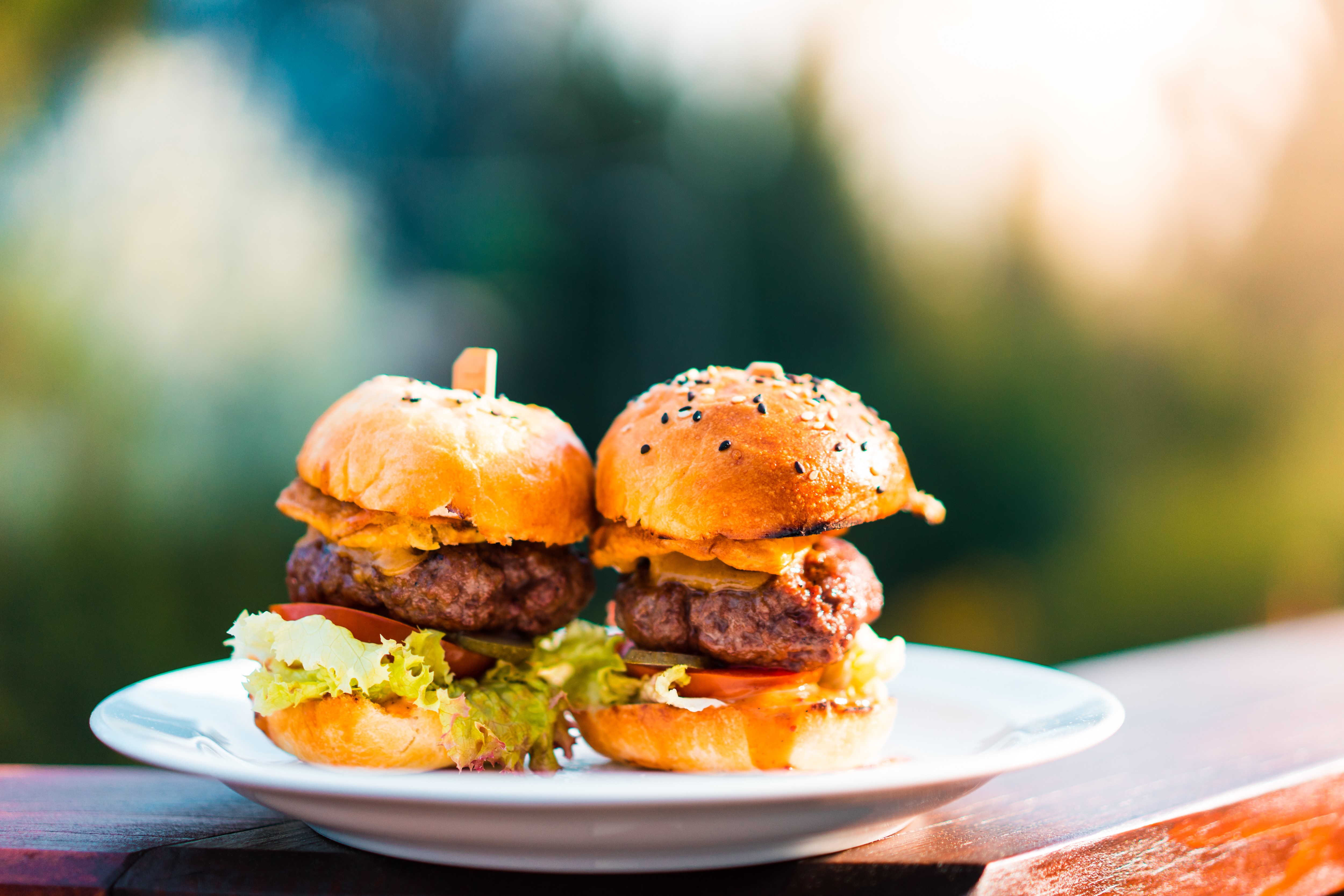 Two mini hamburgers on a white plate HD Wallpaper