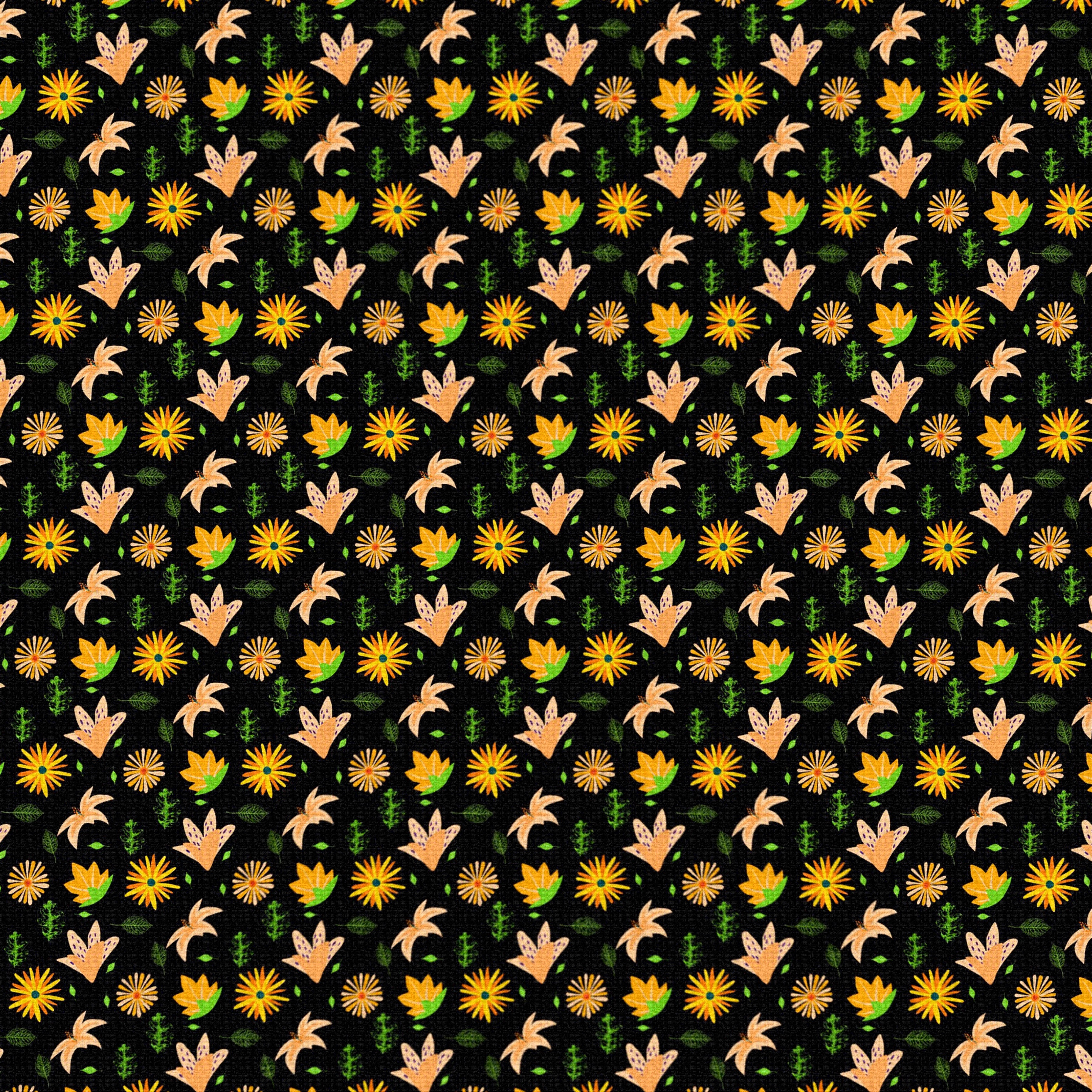 Seamless floral pattern with orange and yellow flowers on black background HD Wallpaper