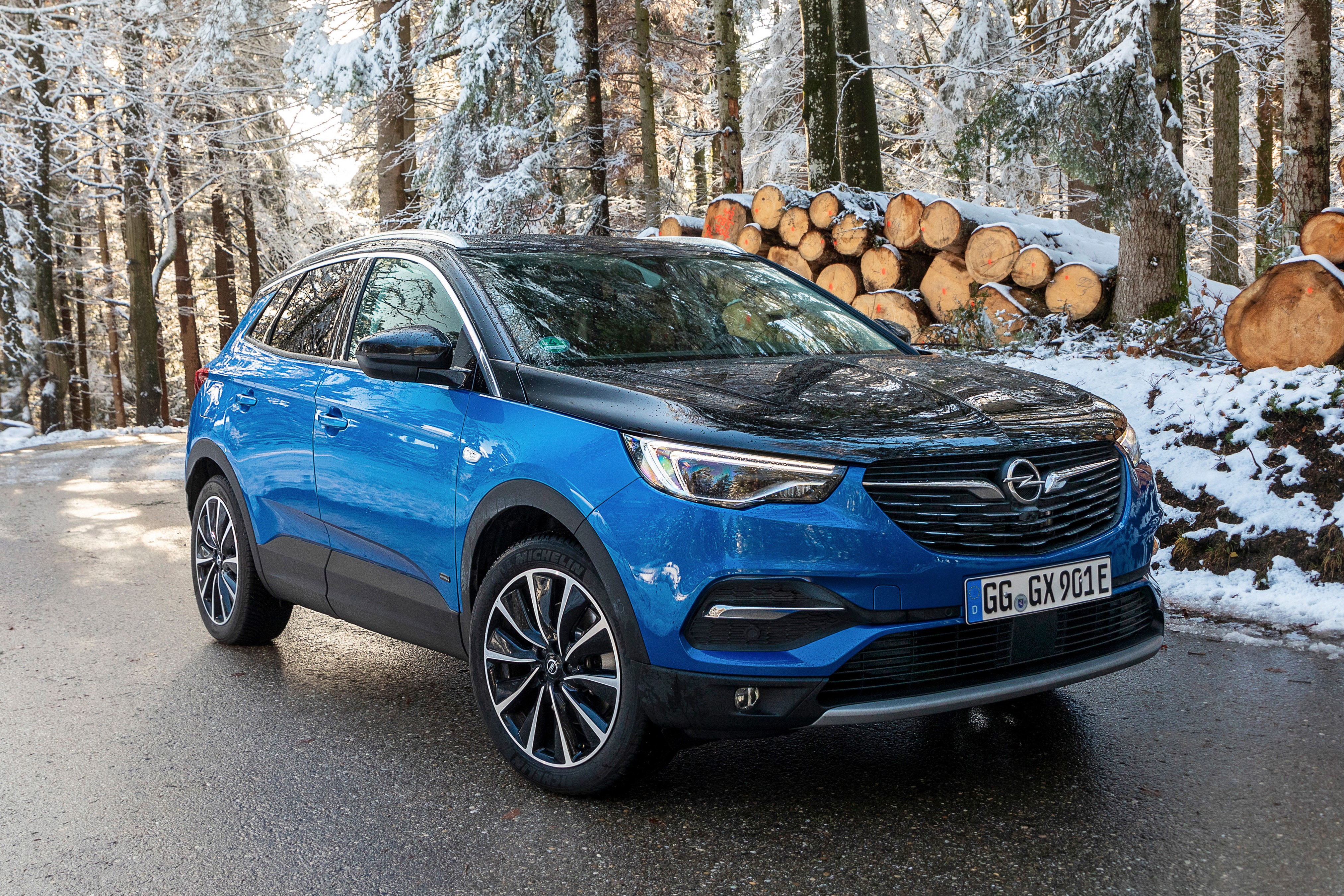 Opel Grandland X Hybrid4 in a snowy forest HD Wallpaper