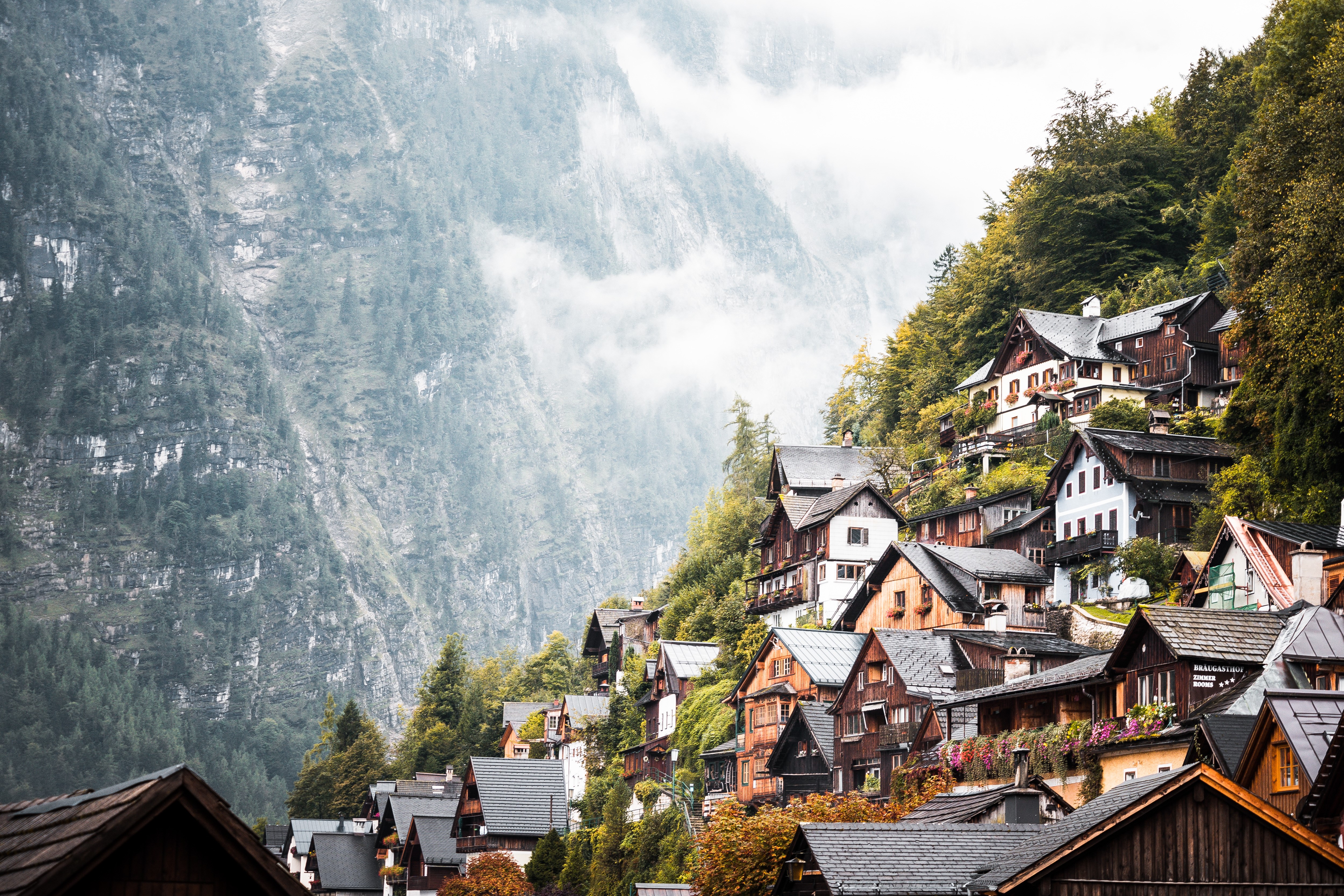 Hallstatt Village in Austrian Mountains with Fog HD Wallpaper