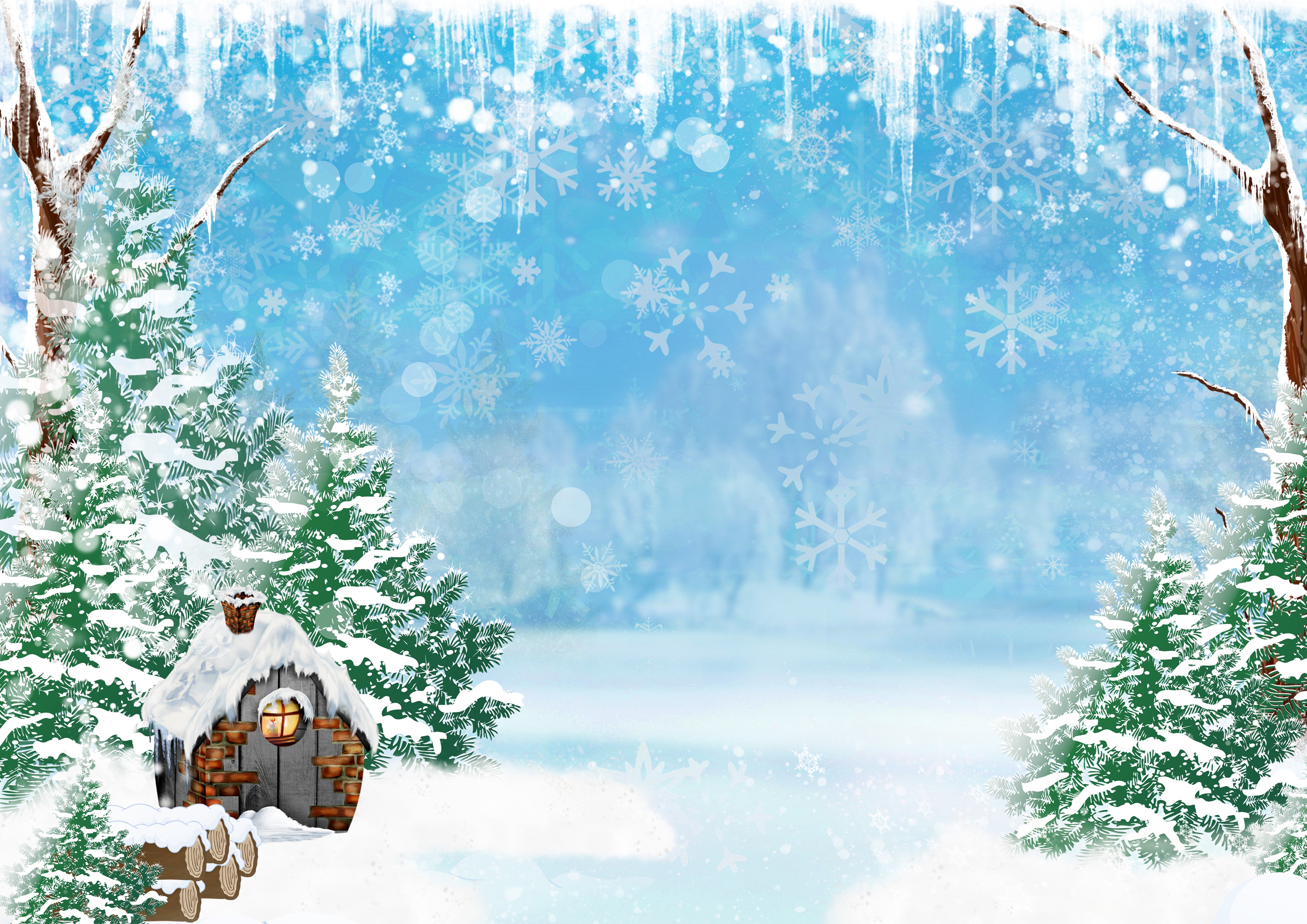 Winter scene with snow-covered trees and a small house HD Wallpaper