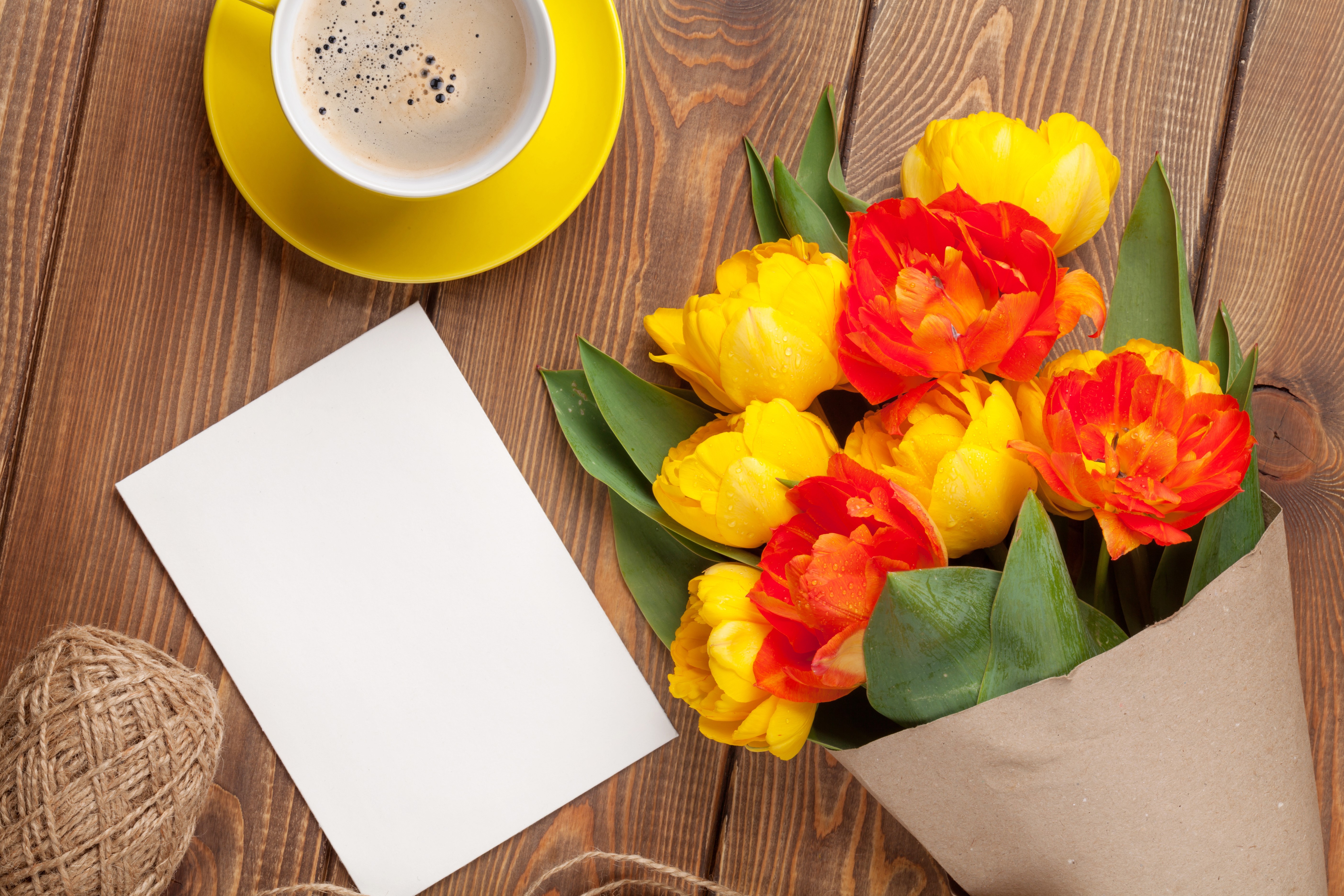 4K Tulips Bouquet with Coffee on Wood Planks HD Wallpaper
