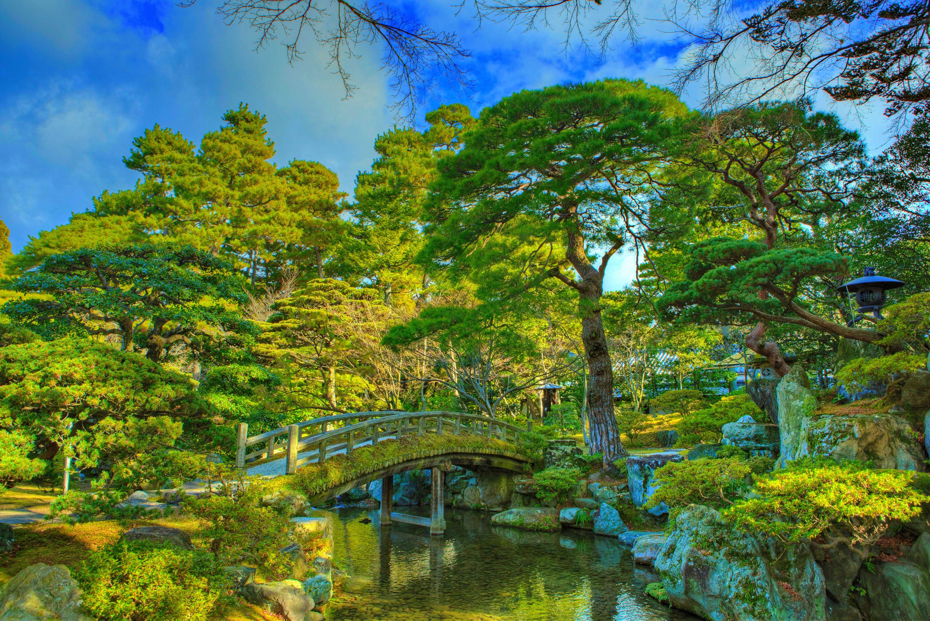 Japanese Garden with Bridge and Pond HD Wallpaper