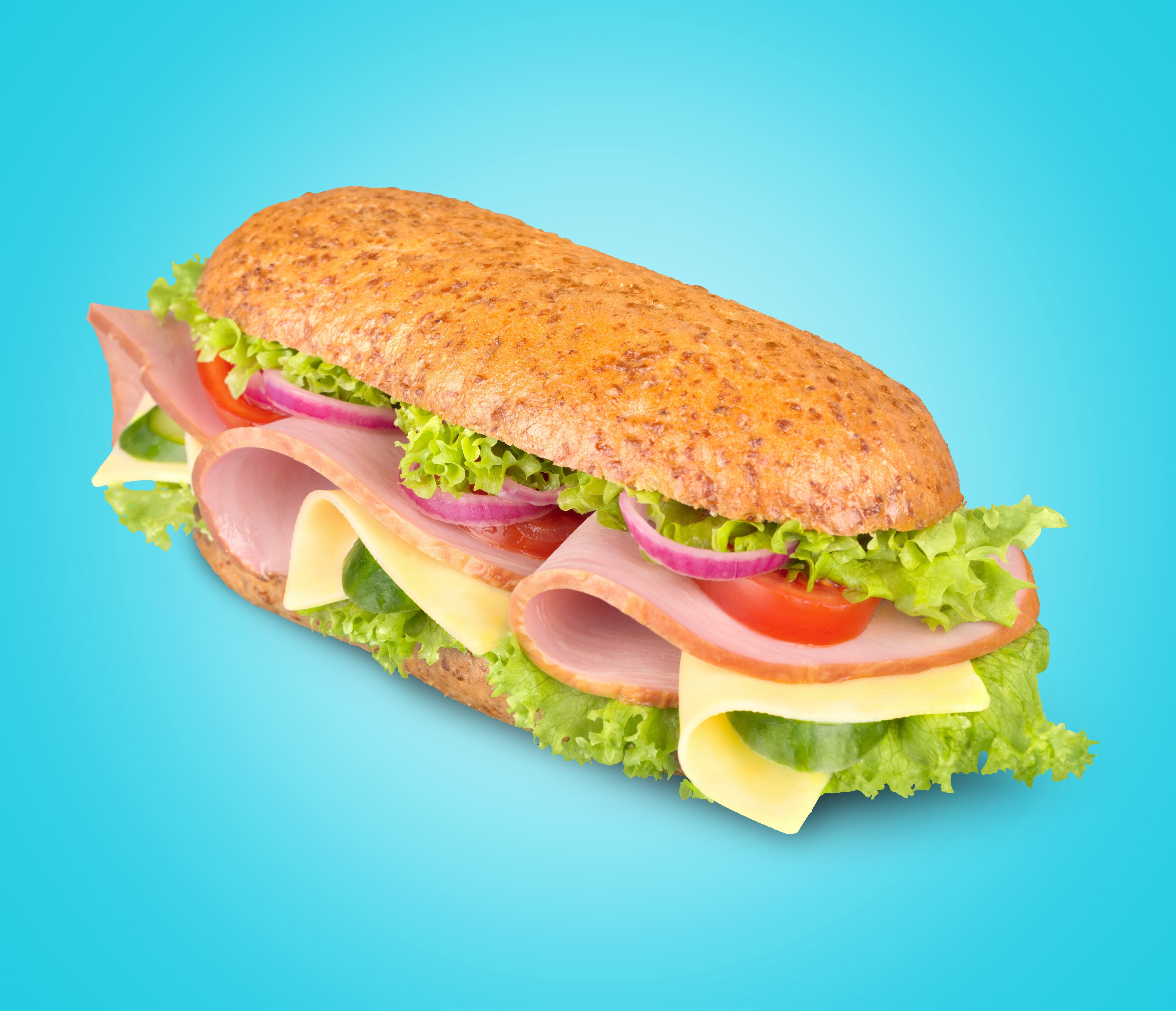 Sandwich with ham, cheese, lettuce, tomato, onion, and cucumber HD Wallpaper