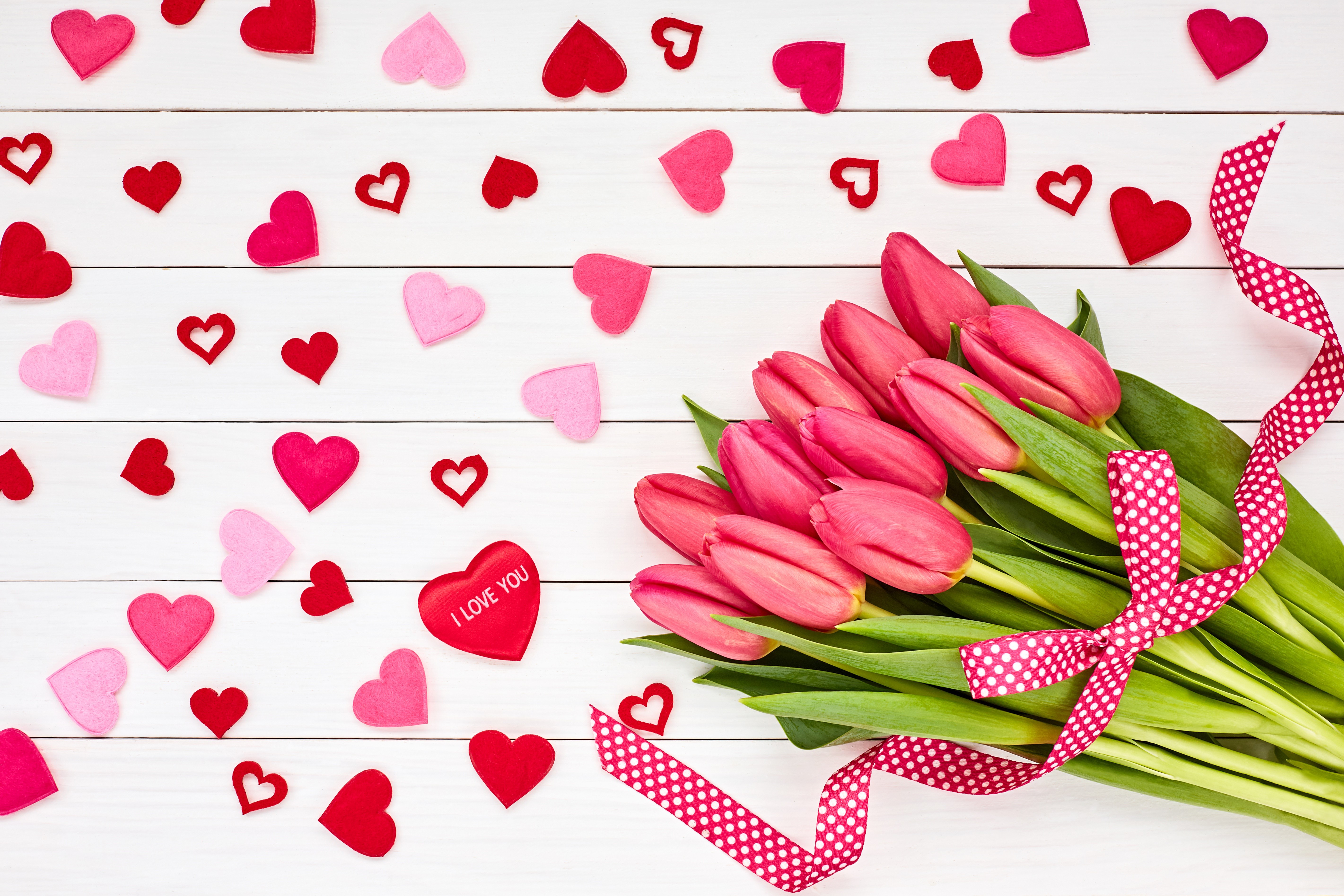 Pink Tulips Bouquet with Hearts and Ribbon HD Wallpaper