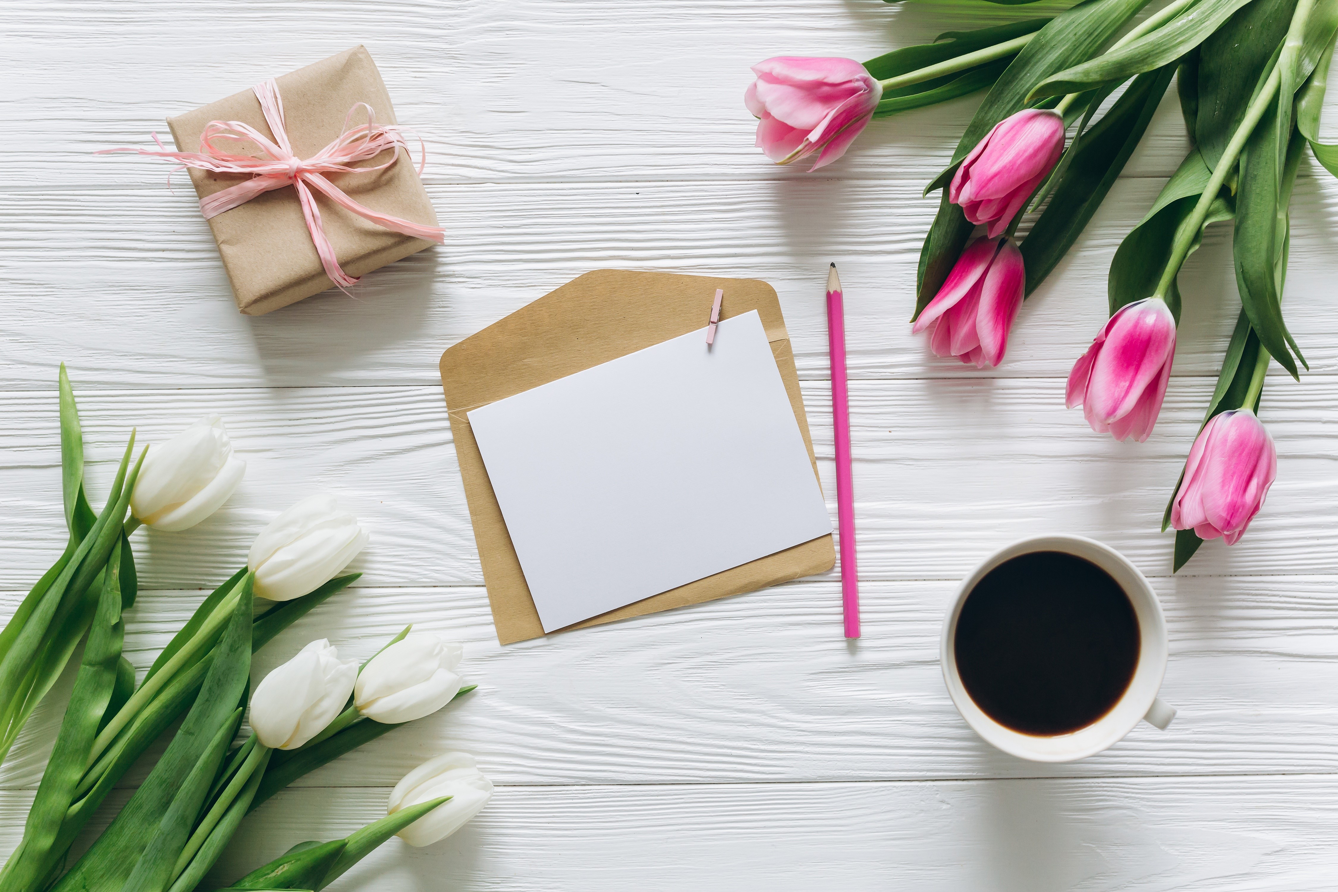 4K Tulips, Coffee, Gift, and Letter HD Wallpaper