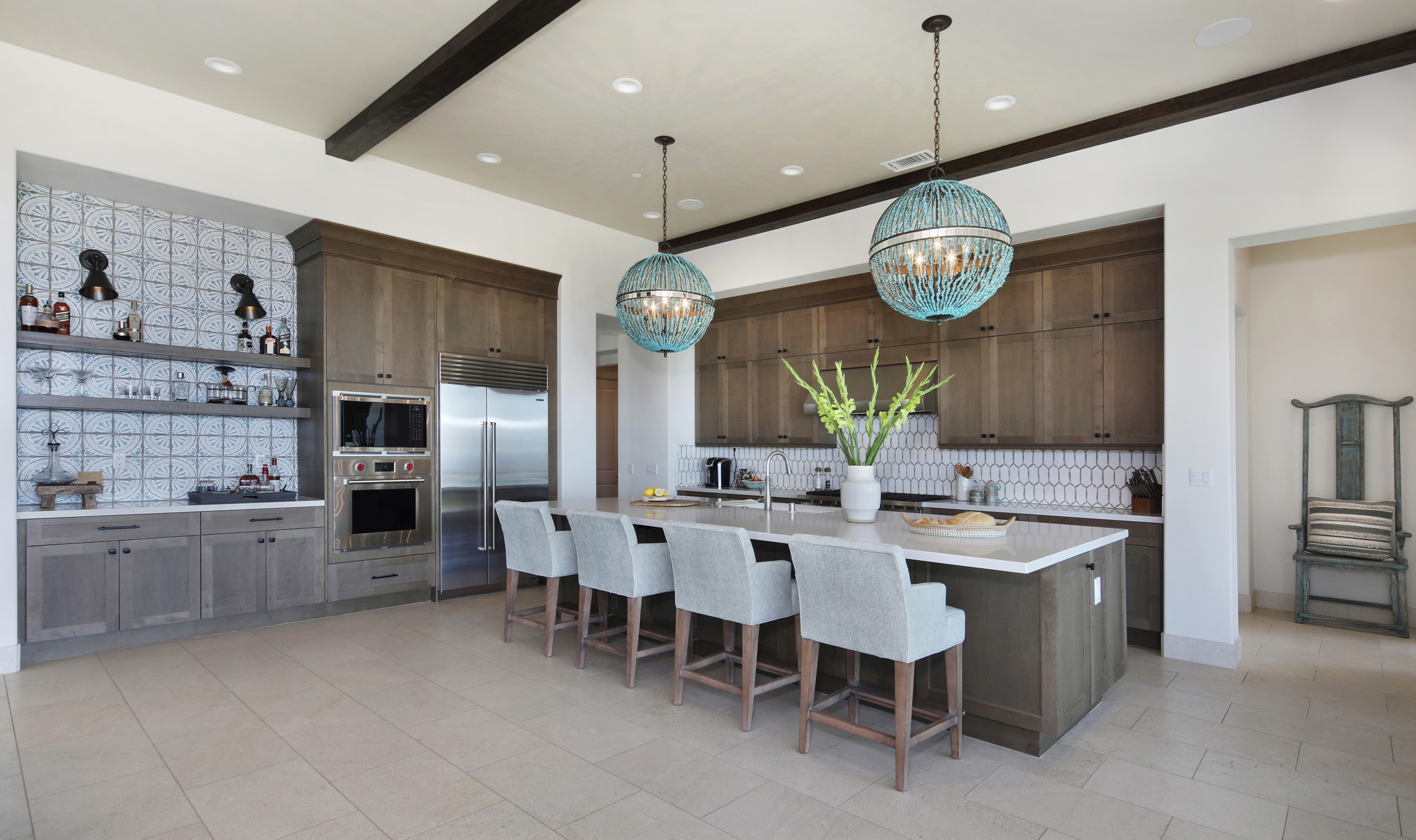 Modern Kitchen with Island and Bar Stools HD Wallpaper