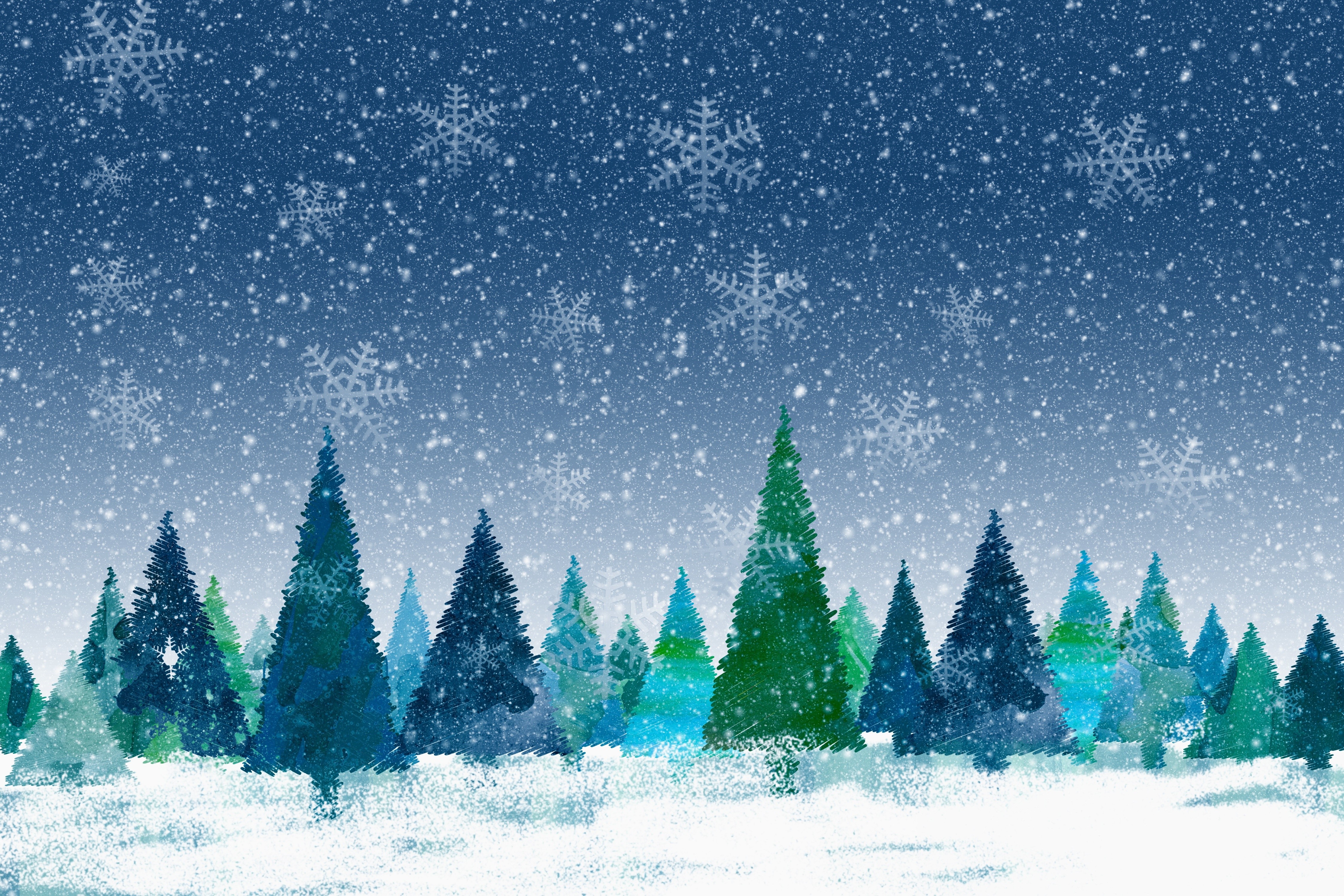 4K Winter Christmas Snowflakes Spruce Forest HD Wallpaper