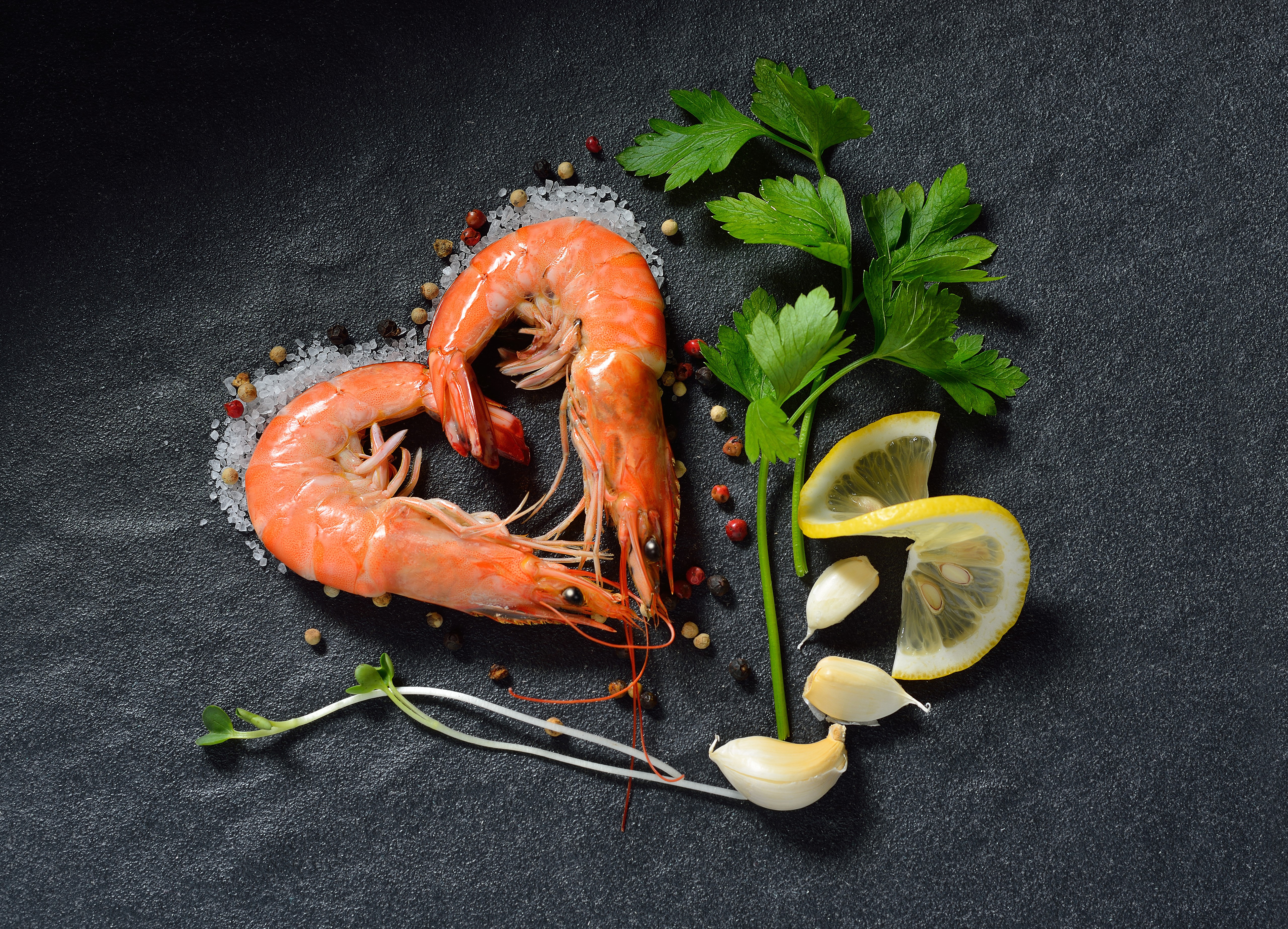 Shrimp, Lemons, Garlic, and Spices Arranged in a Heart Shape HD Wallpaper