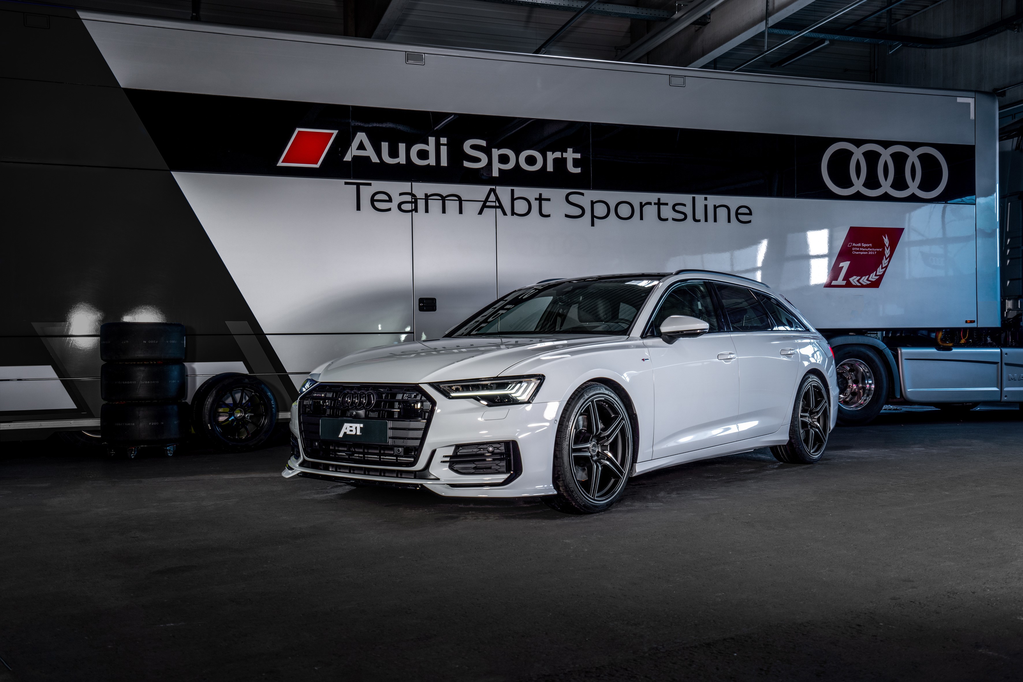 White ABT Audi A6 Avant with Audi Sport Trailer HD Wallpaper