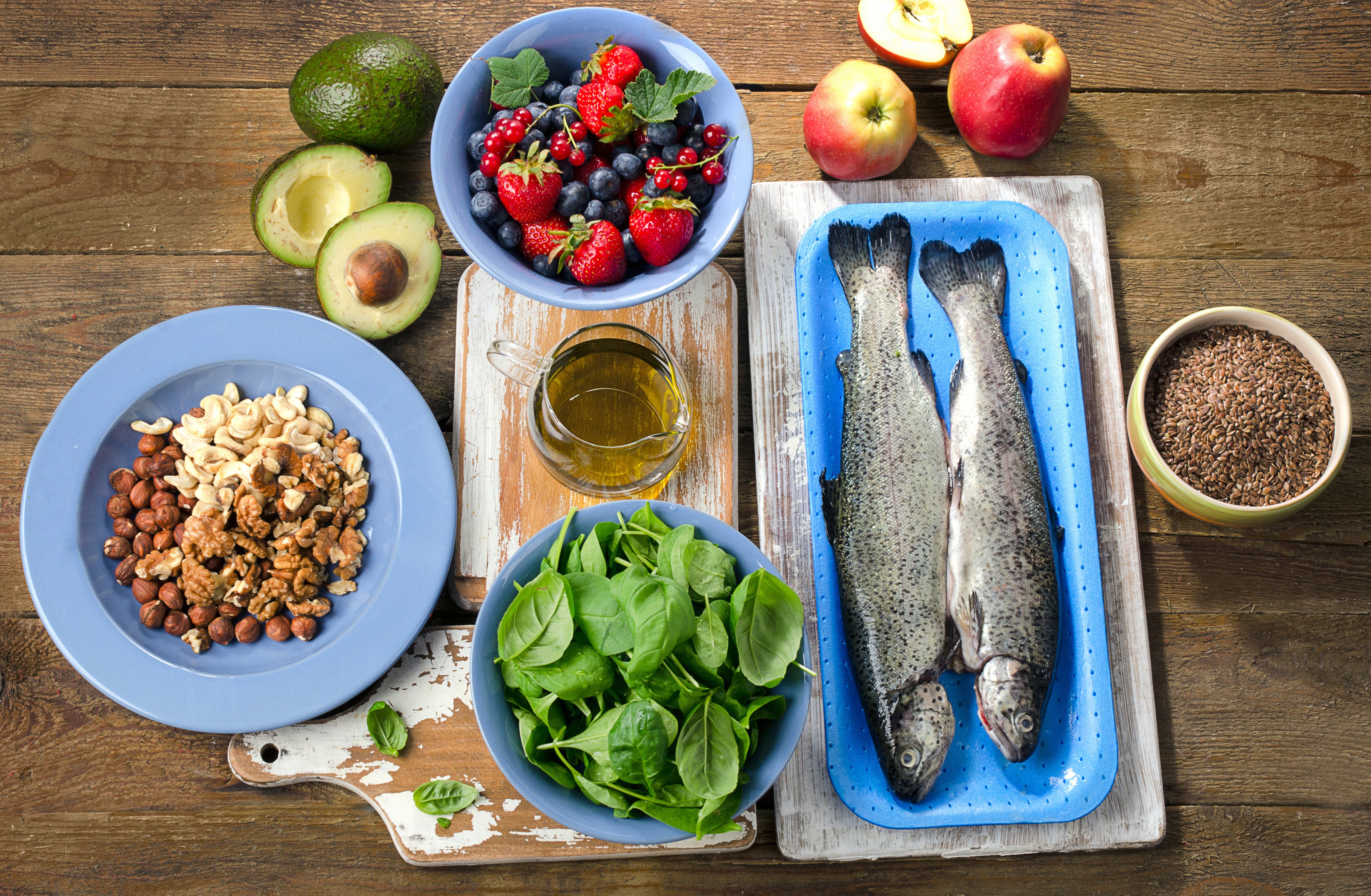 Healthy Foods: Fish, Avocado, Berries, Nuts, and Greens HD Wallpaper