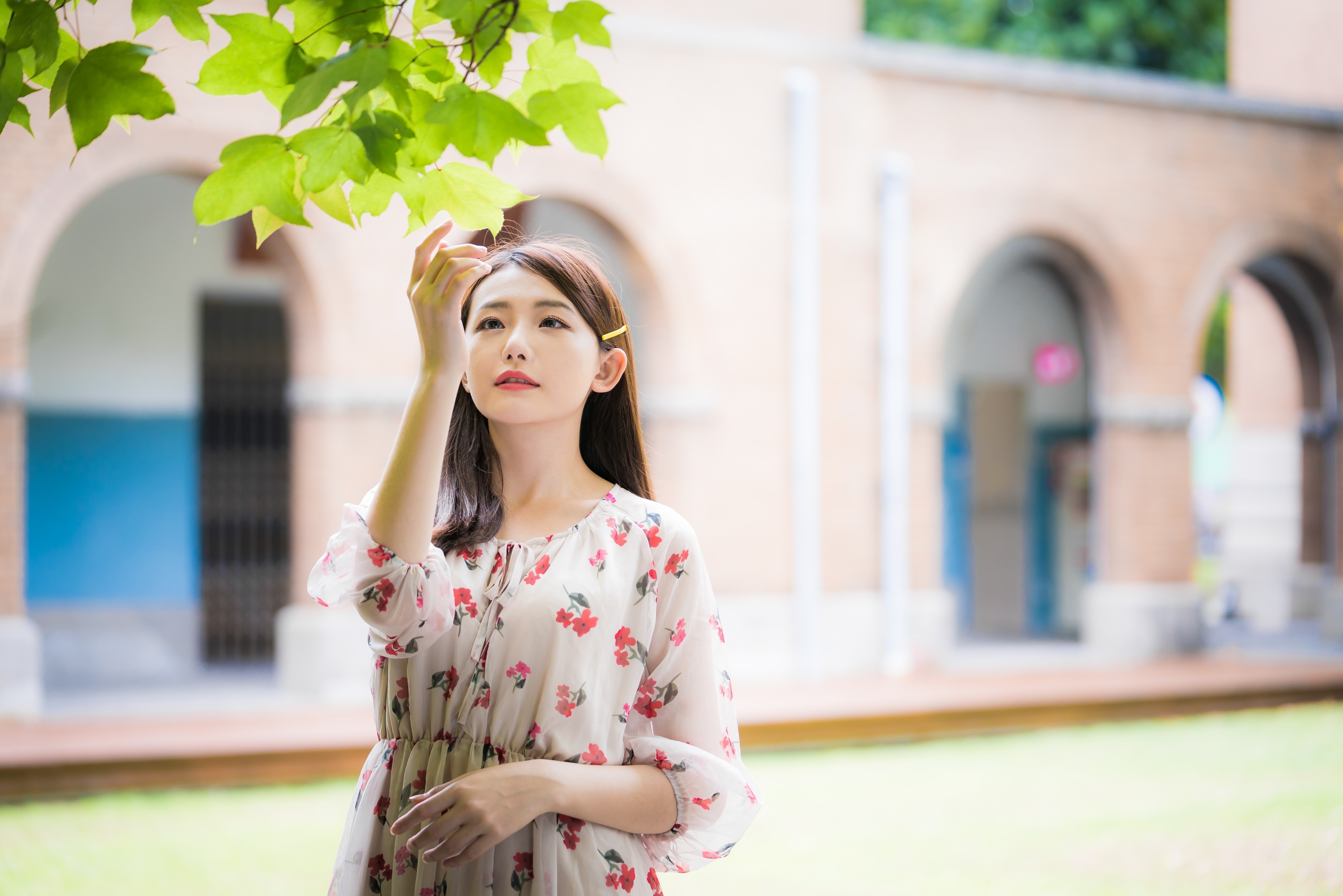 Asian woman in floral dress under foliage HD Wallpaper