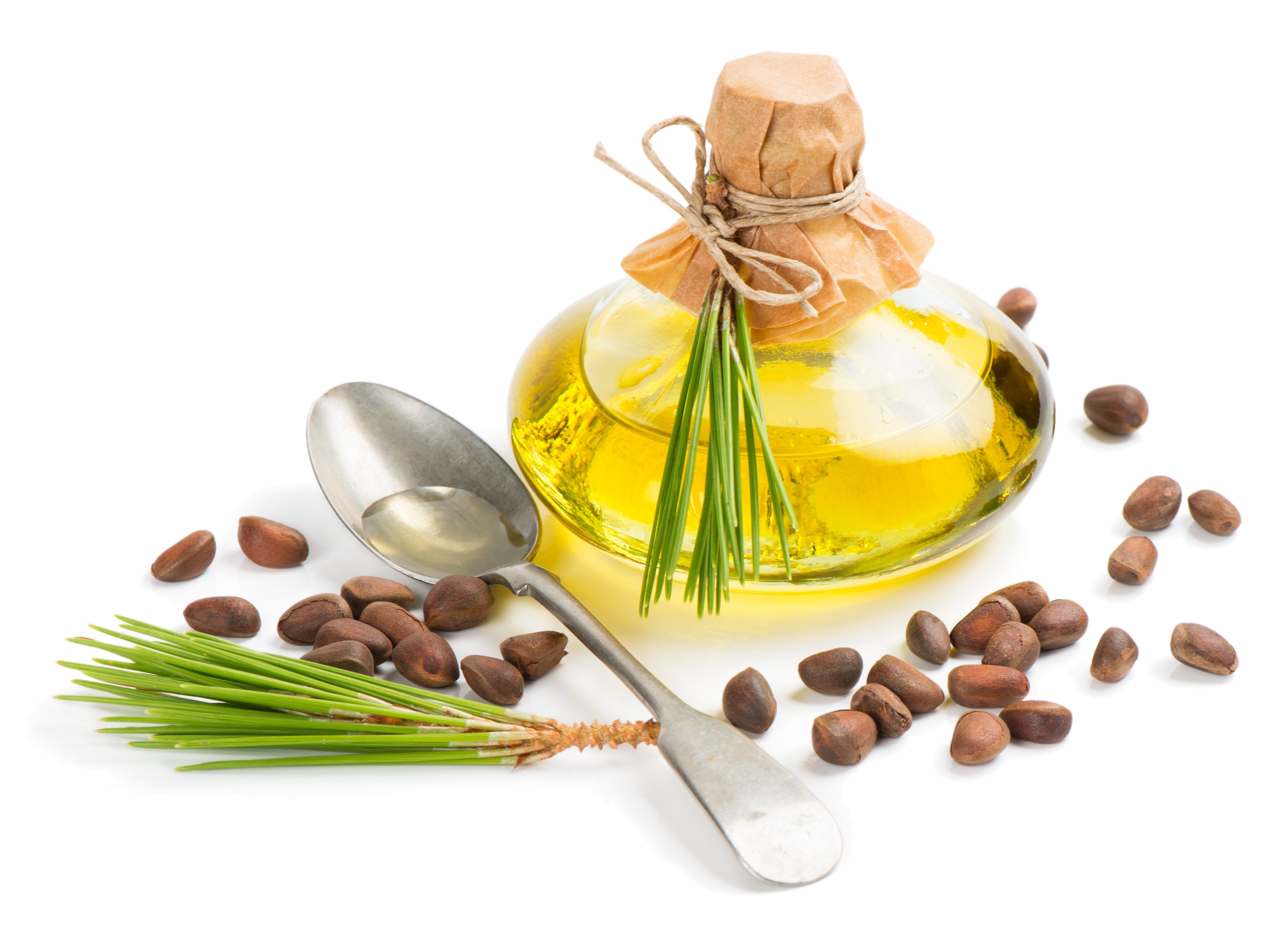 Pine nut oil in a bottle with pine nuts and a spoon HD Wallpaper