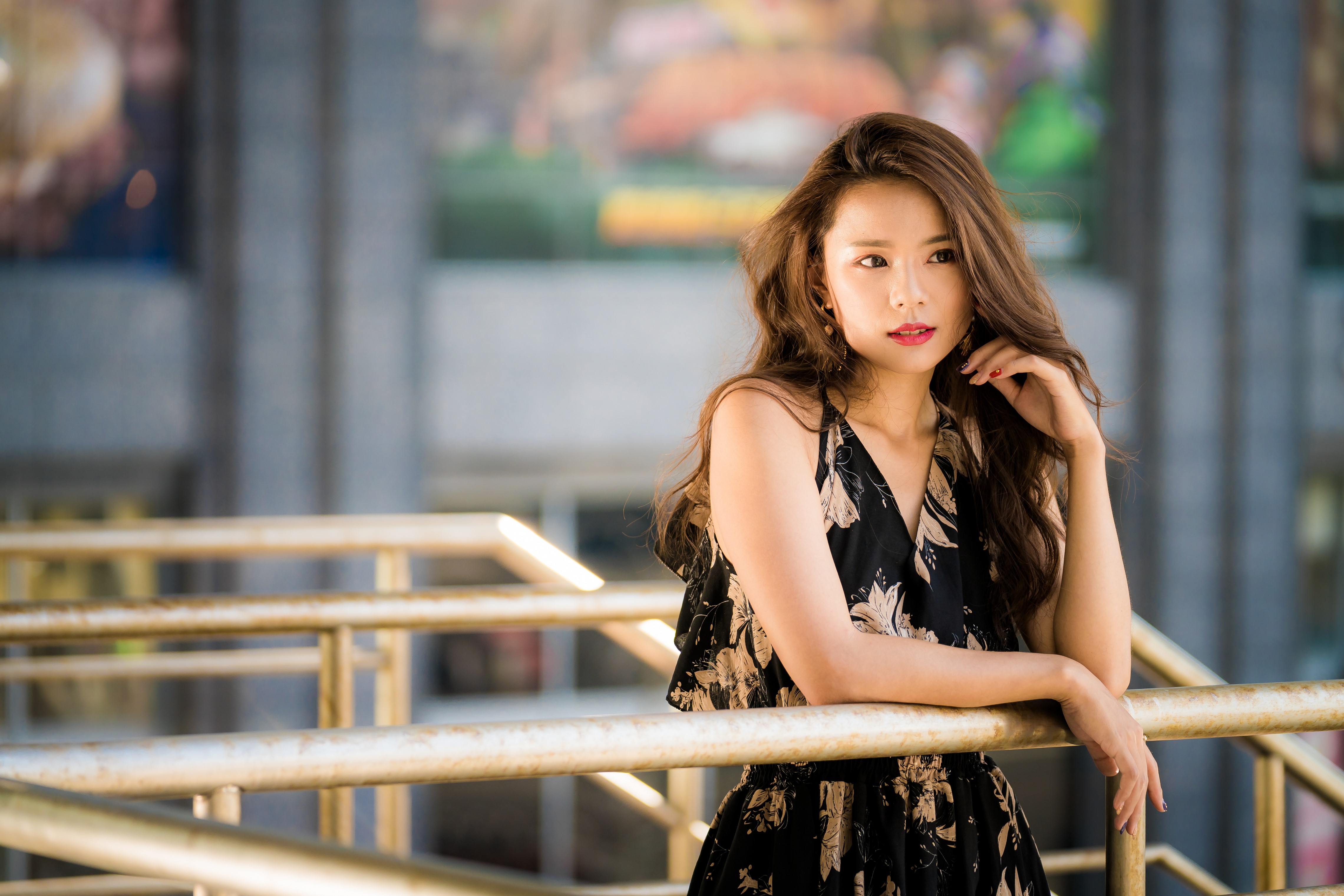 Asian woman with brown hair in a floral dress HD Wallpaper