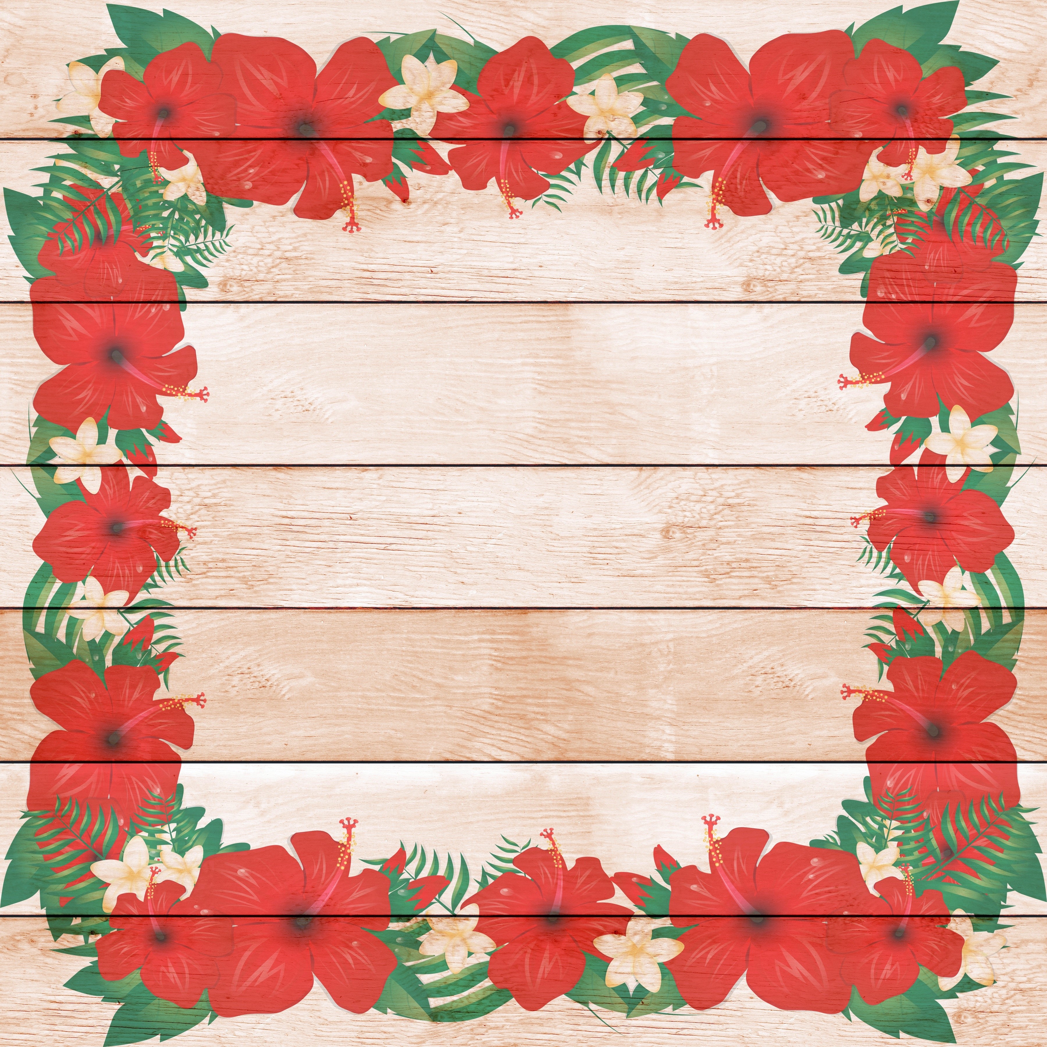 Red Hibiscus Flowers and Green Leaves Border on Wood Planks HD Wallpaper