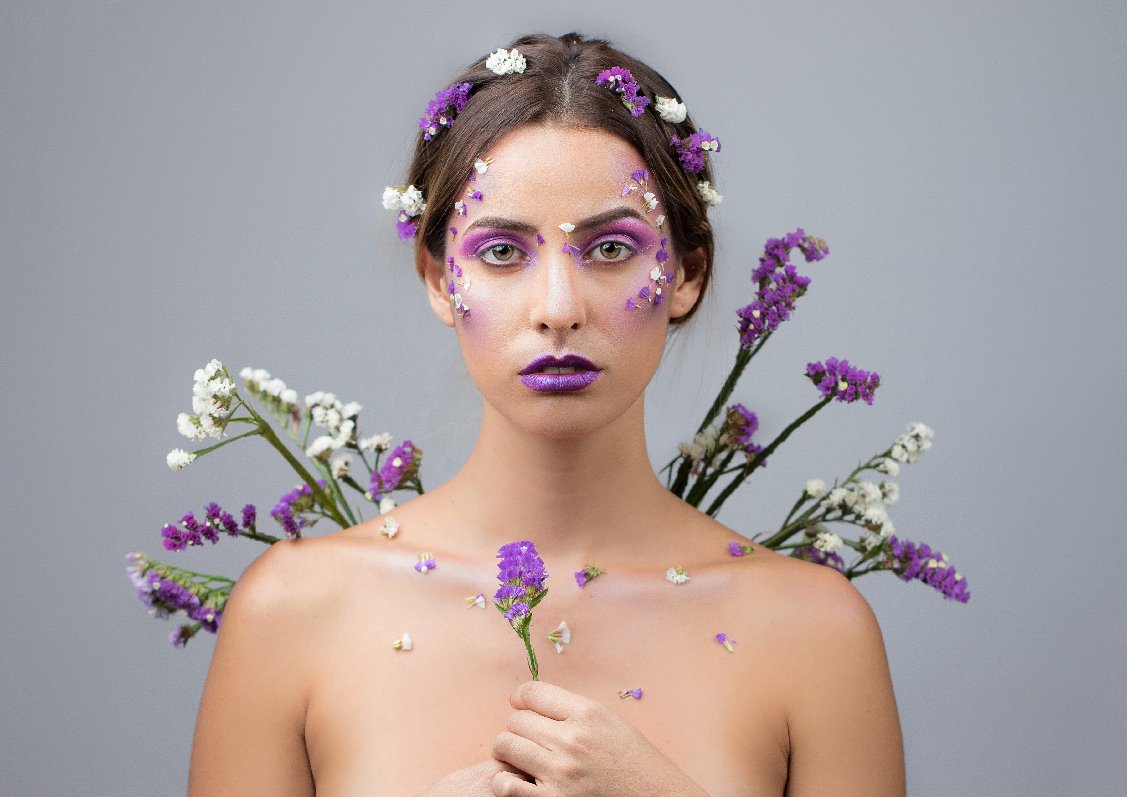 Woman with floral makeup and flowers HD Wallpaper
