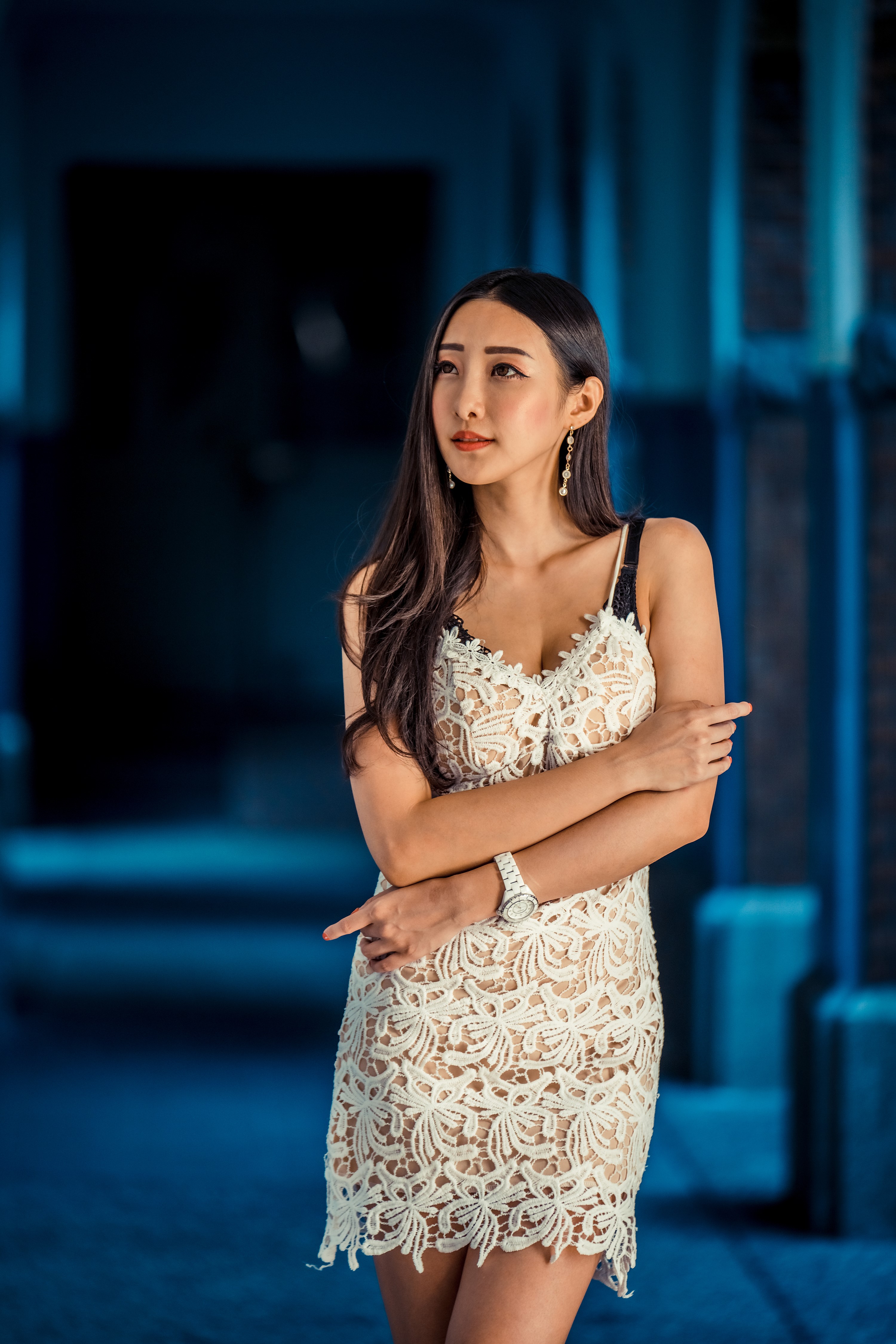 Asian woman in a white lace dress posing HD Phone Wallpaper