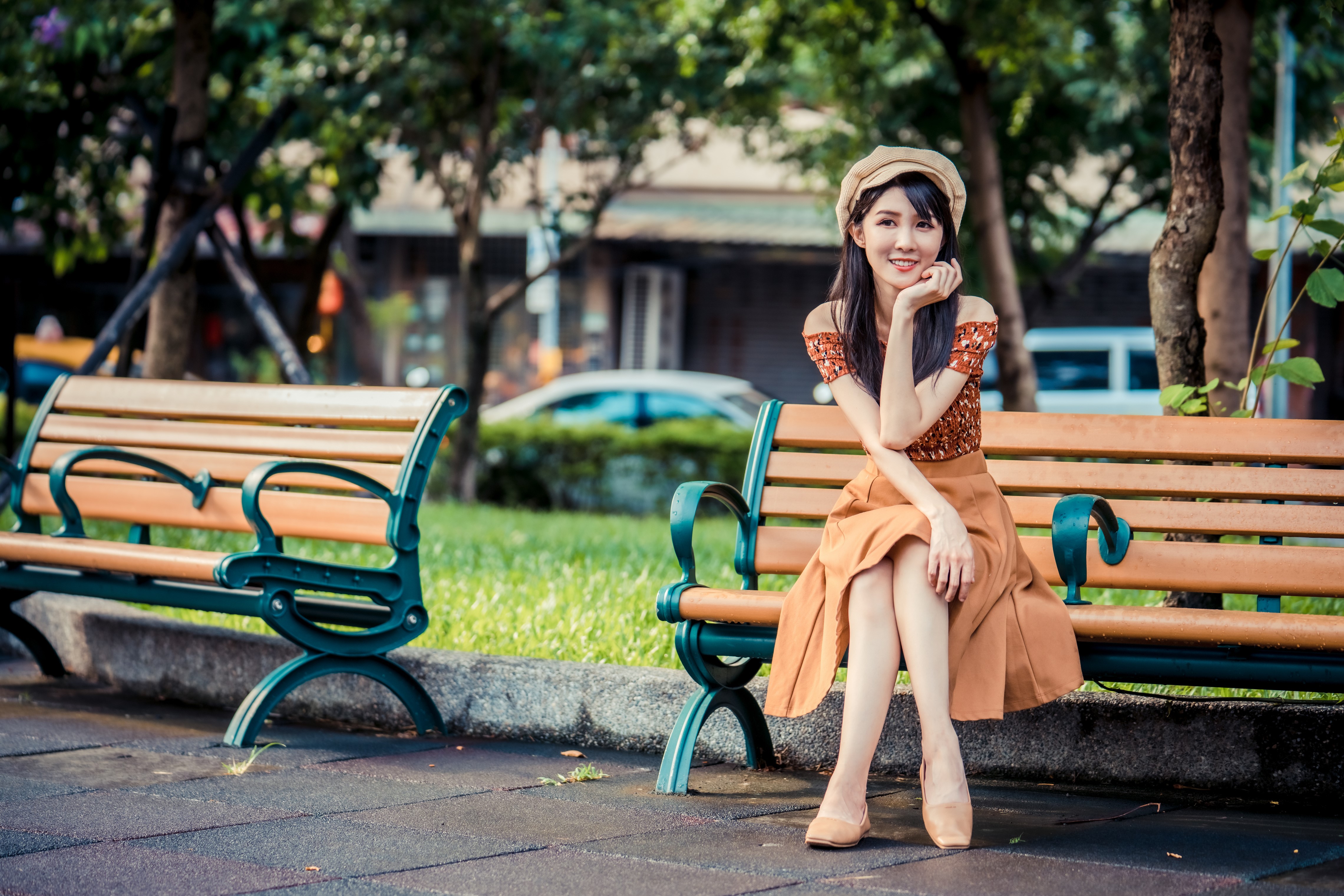 4K Asian Woman Sitting on Park Bench HD Wallpaper