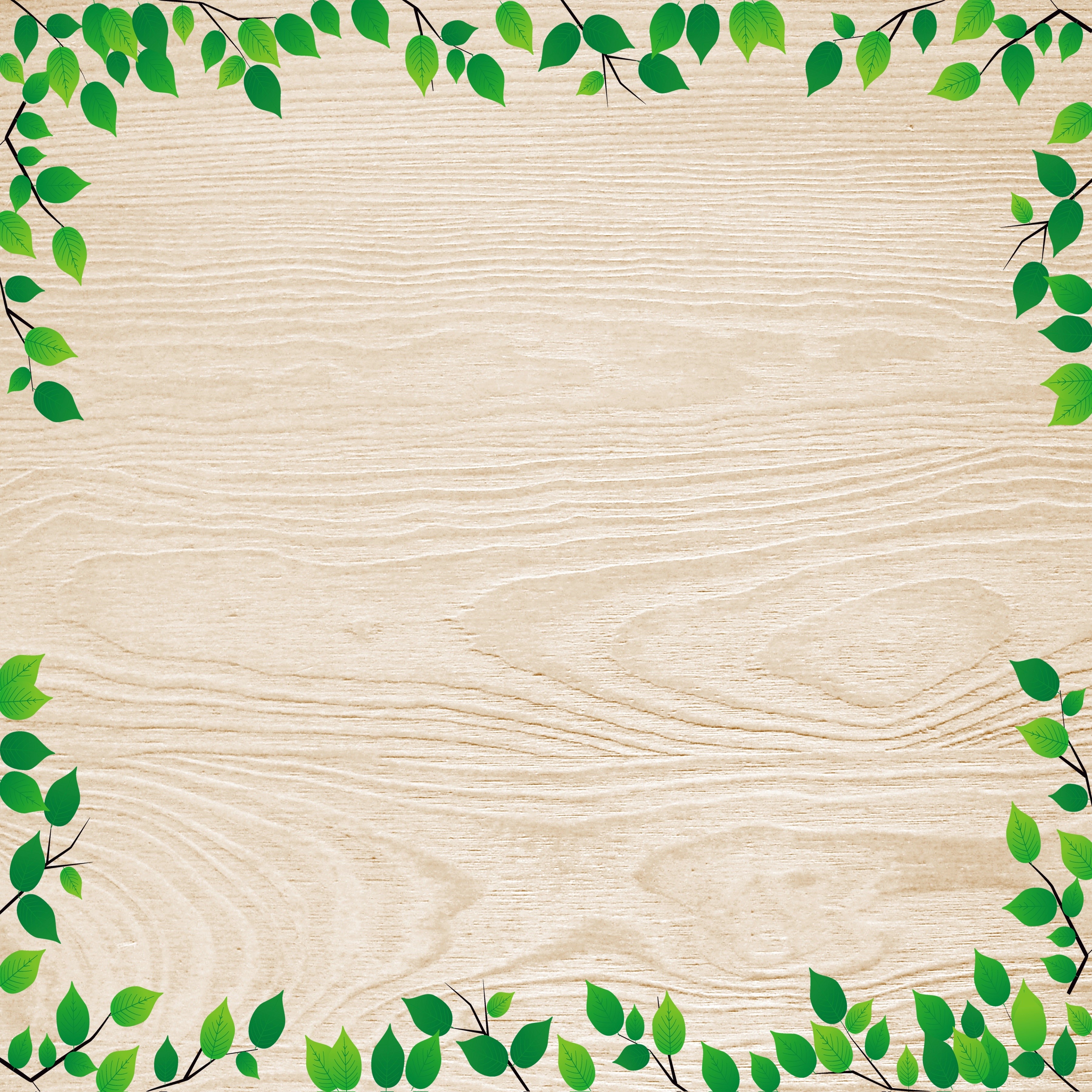 Green leaves border on a wooden background HD Wallpaper