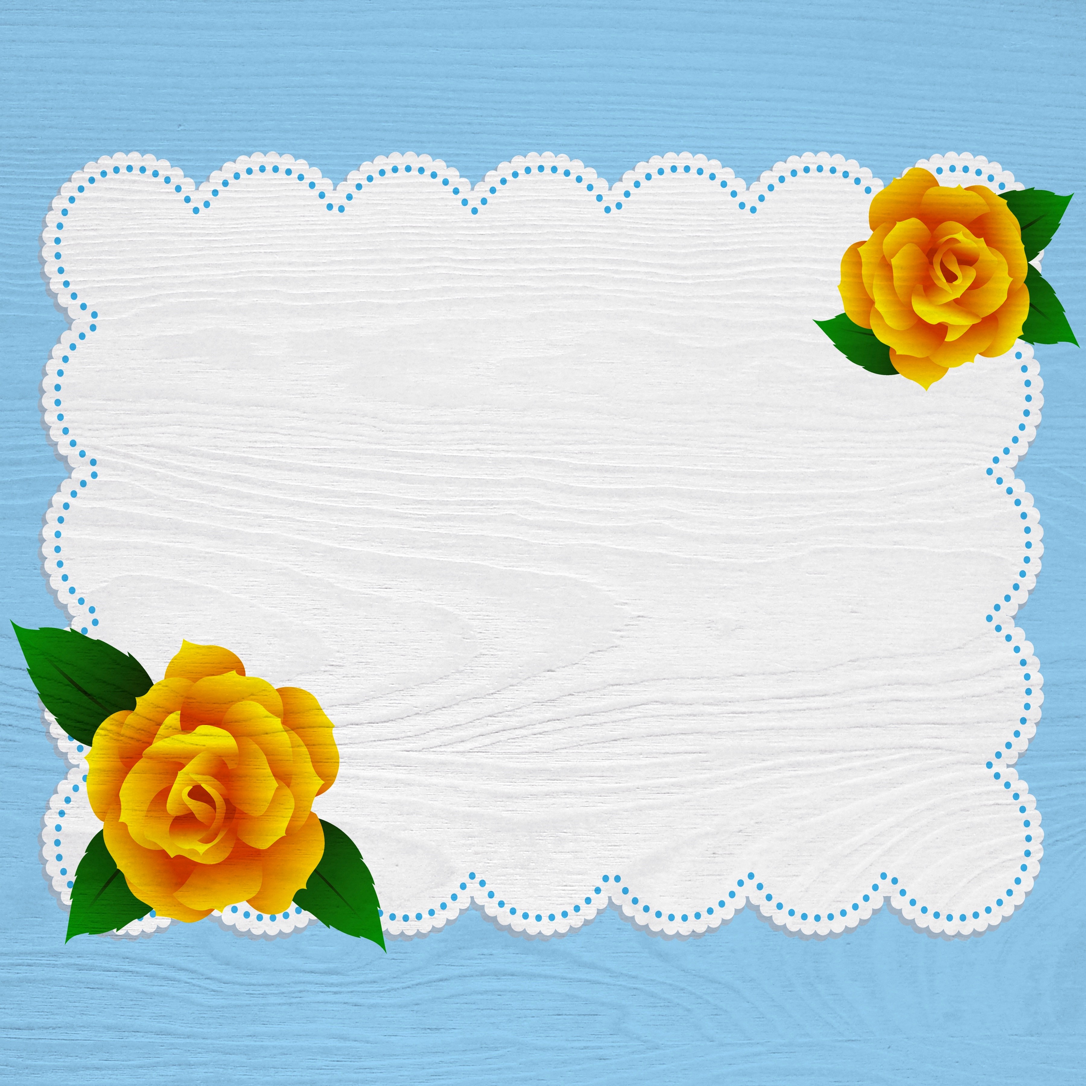 Yellow roses on a blue wooden background with a white scalloped frame HD Wallpaper