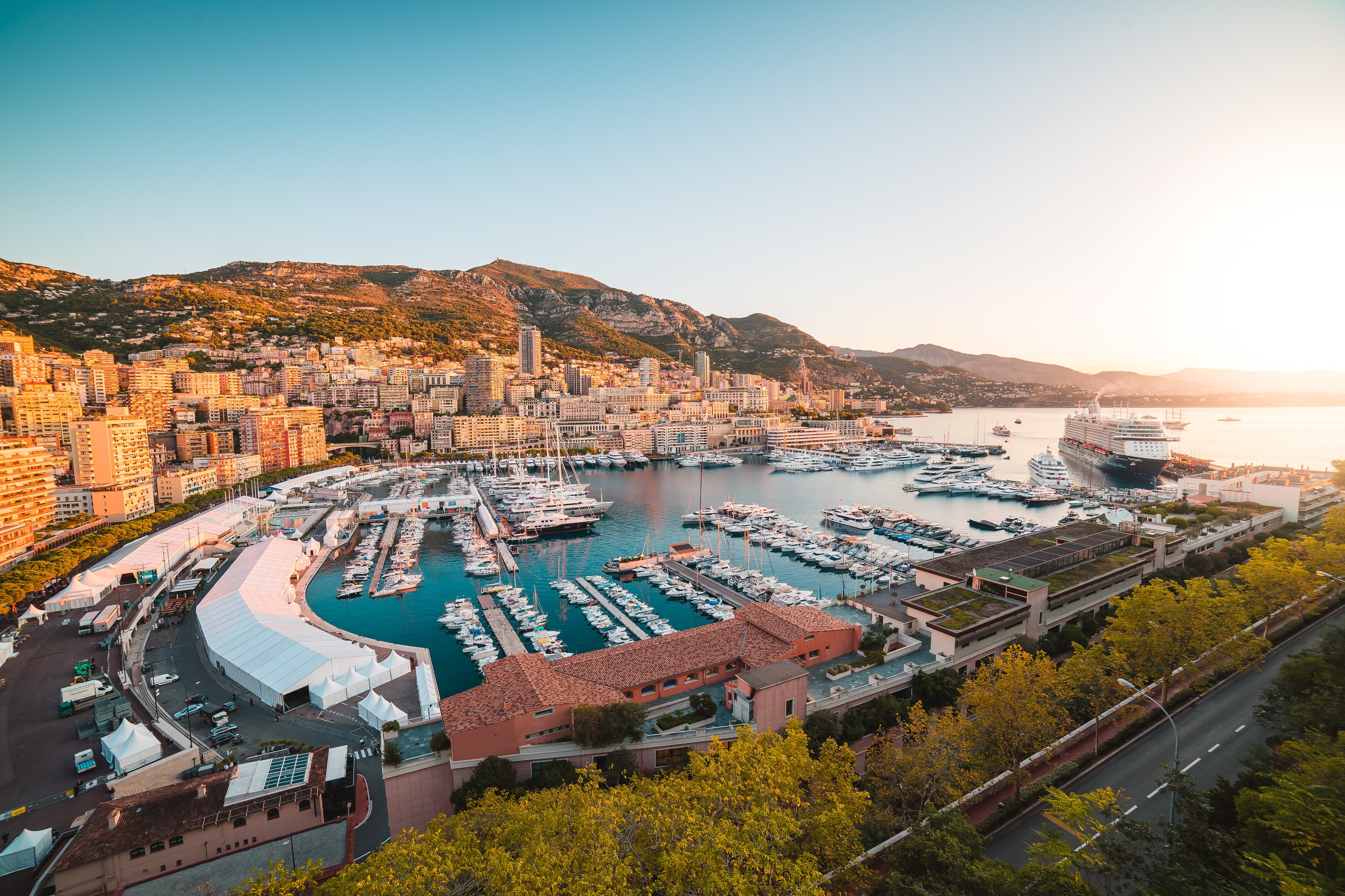 Monaco Marina with Yachts and Cruise Ship at Sunset HD Wallpaper