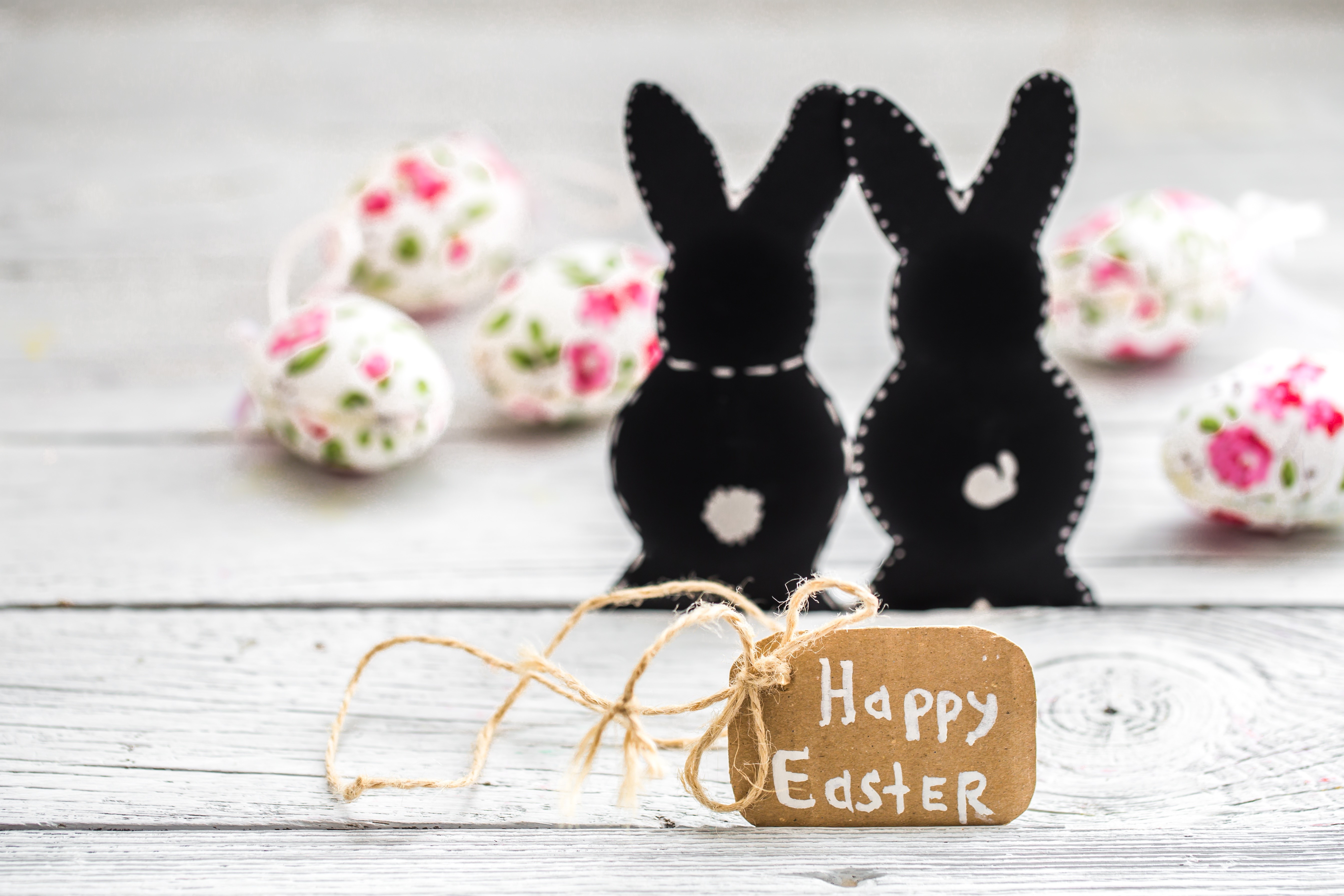 Easter Rabbits and Eggs with Happy Easter Tag HD Wallpaper