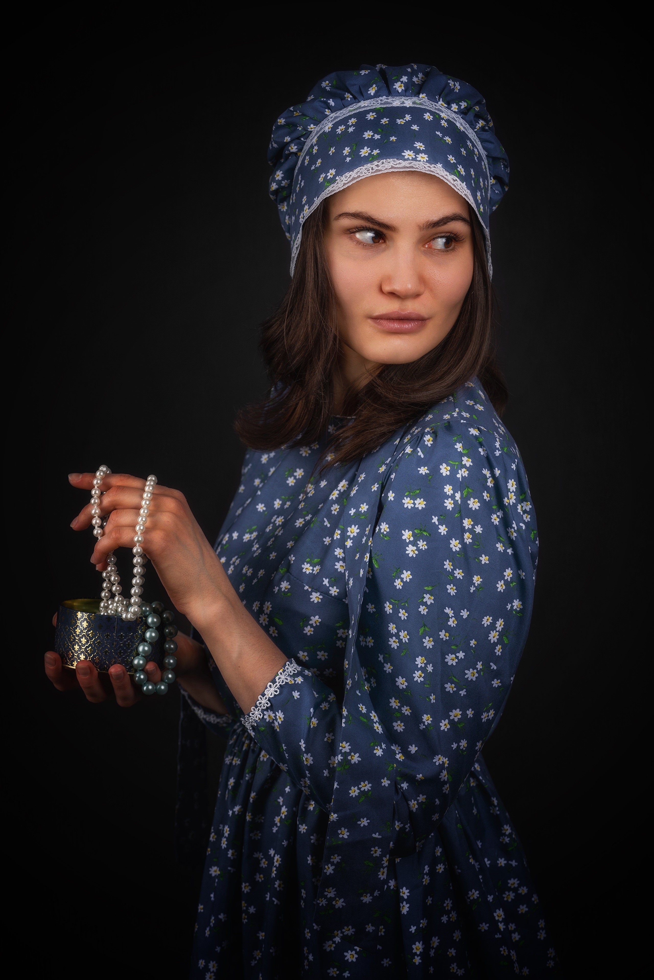 Woman in floral dress holding pearls HD Phone Wallpaper