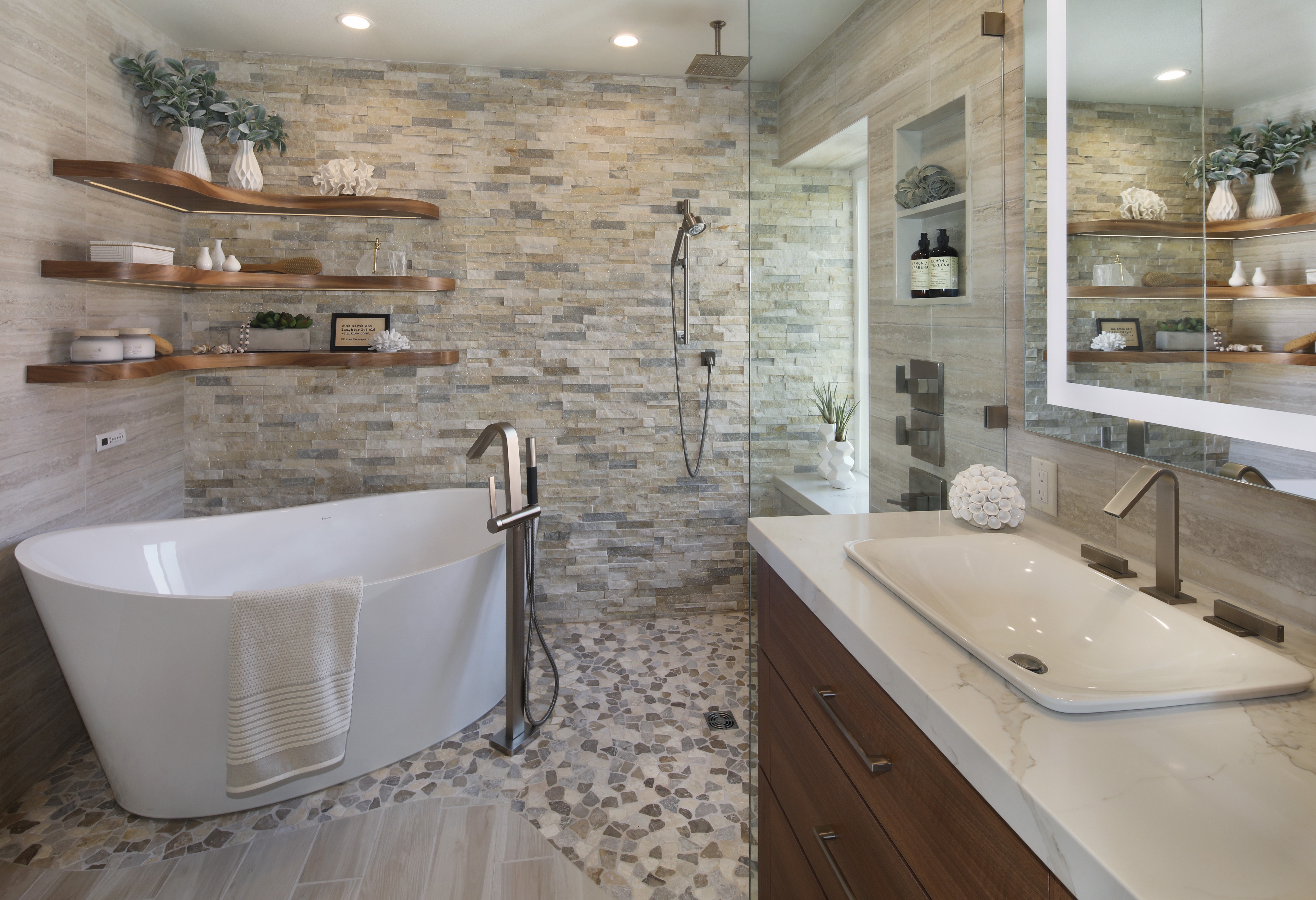 Modern Bathroom with Freestanding Tub and Vanity HD Wallpaper