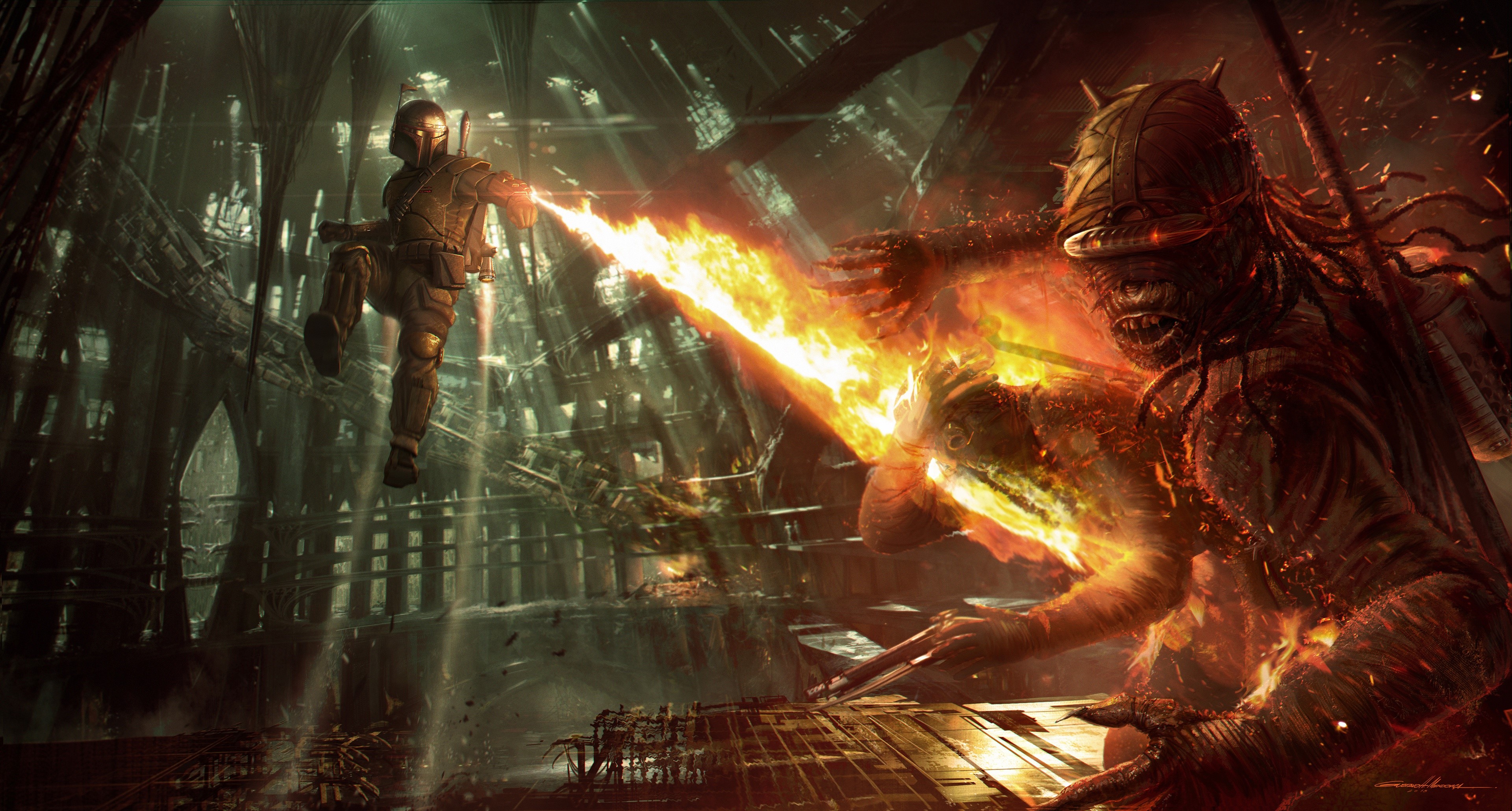 Boba Fett from Star Wars 1313 using flamethrower HD Wallpaper