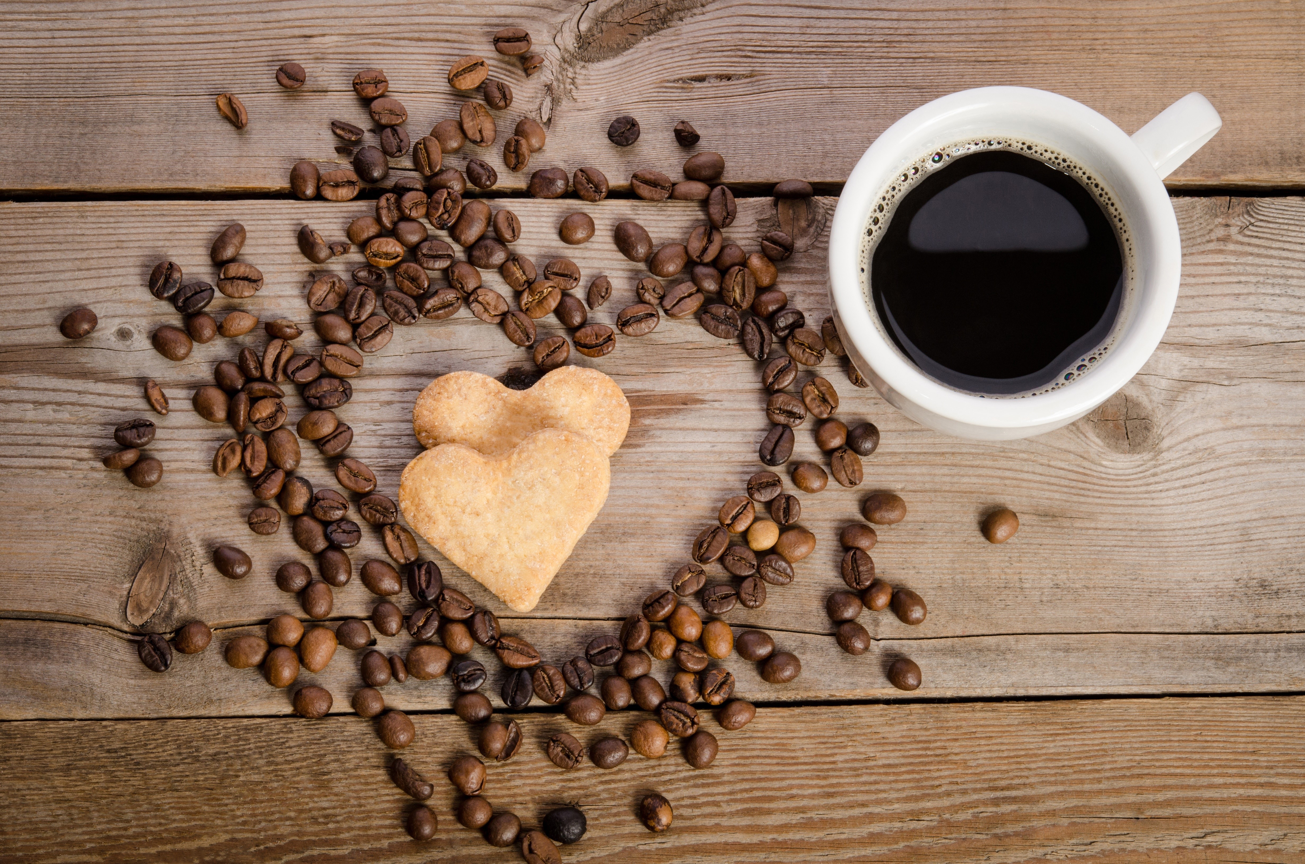 Coffee and Heart-Shaped Cookies on Wood HD Wallpaper