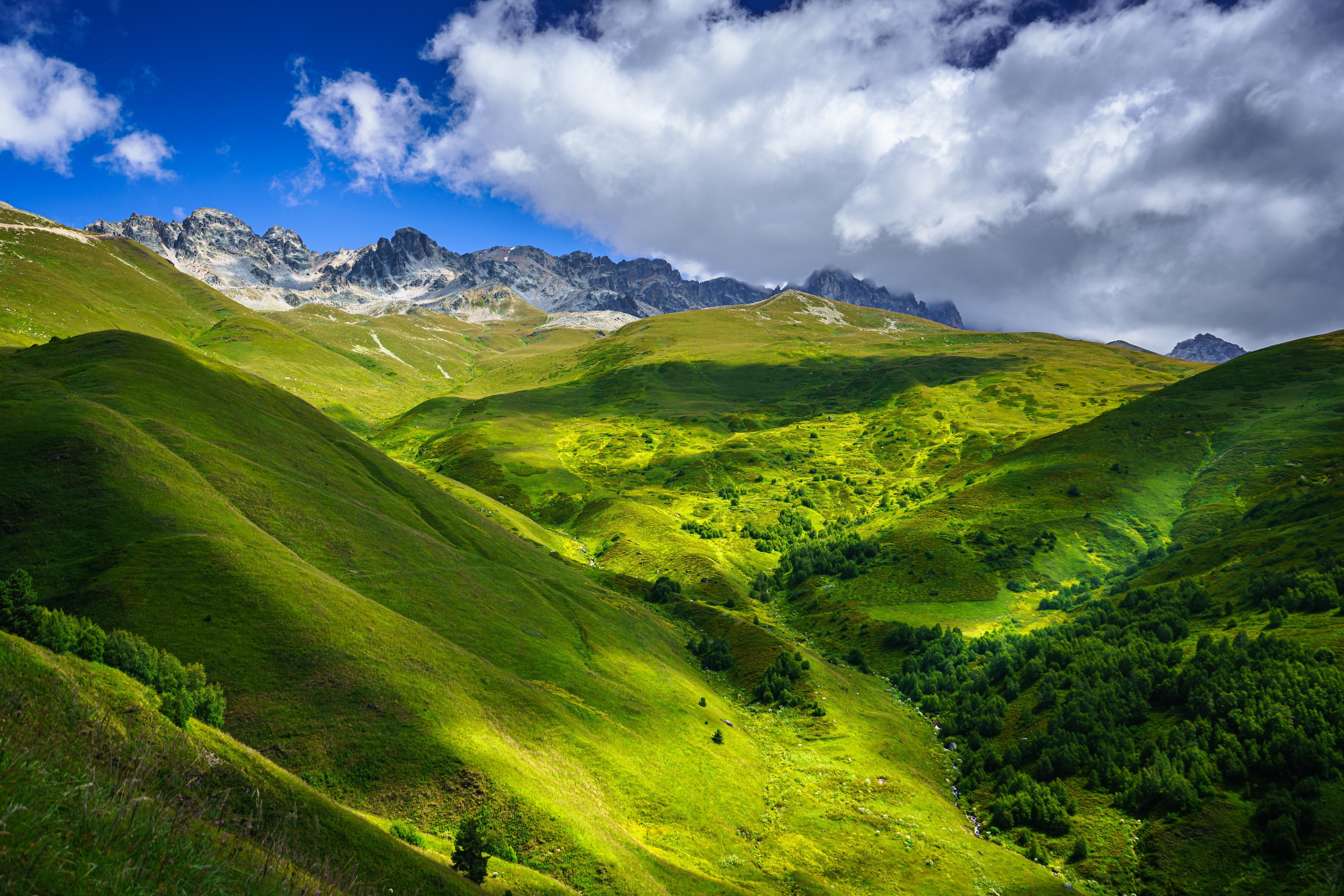 Green Mountains and Sky Near Tetnuldi, Upper Svaneti, Georgia HD Wallpaper