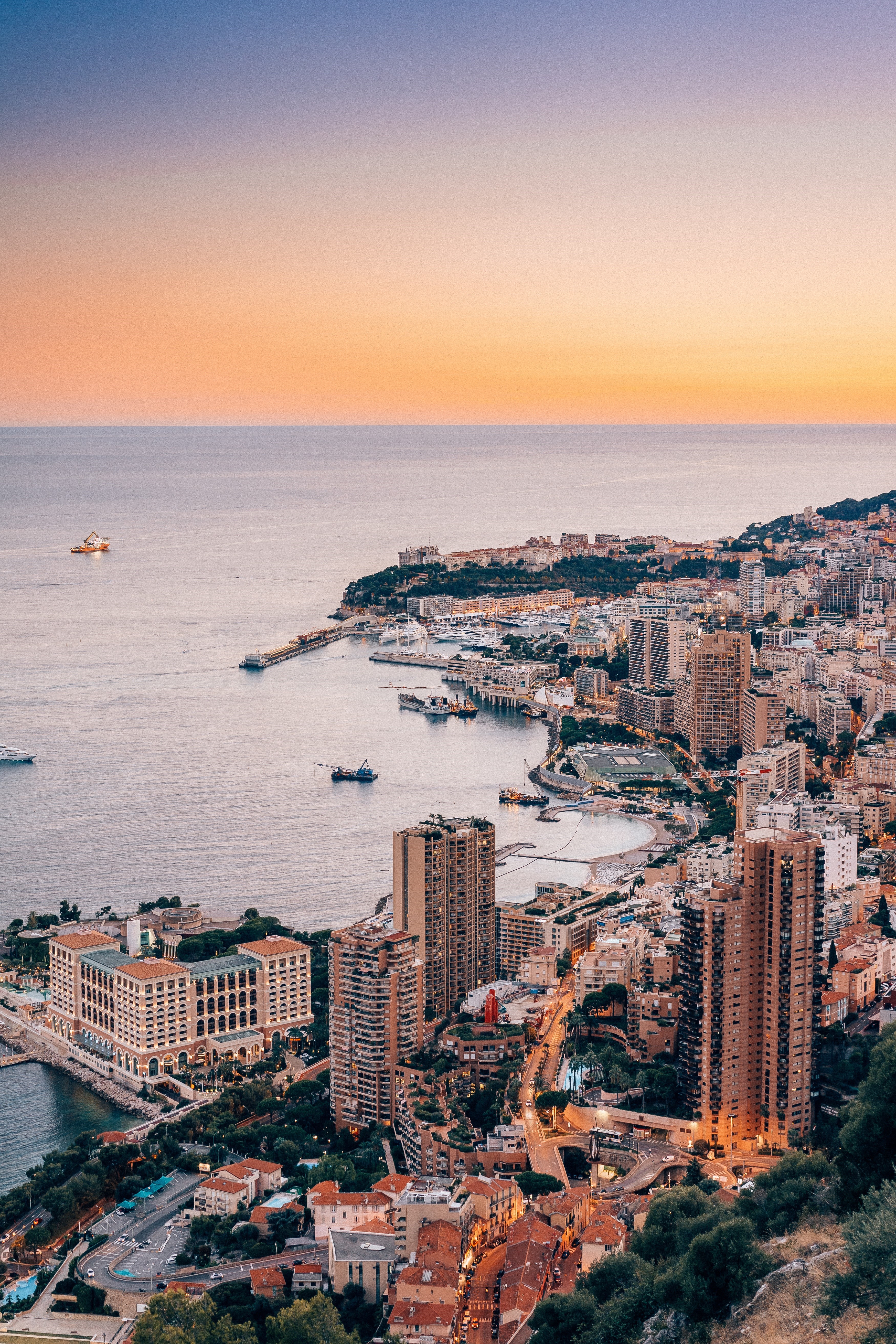 Aerial view of Monaco and Monte Carlo coastline at sunset HD Phone Wallpaper