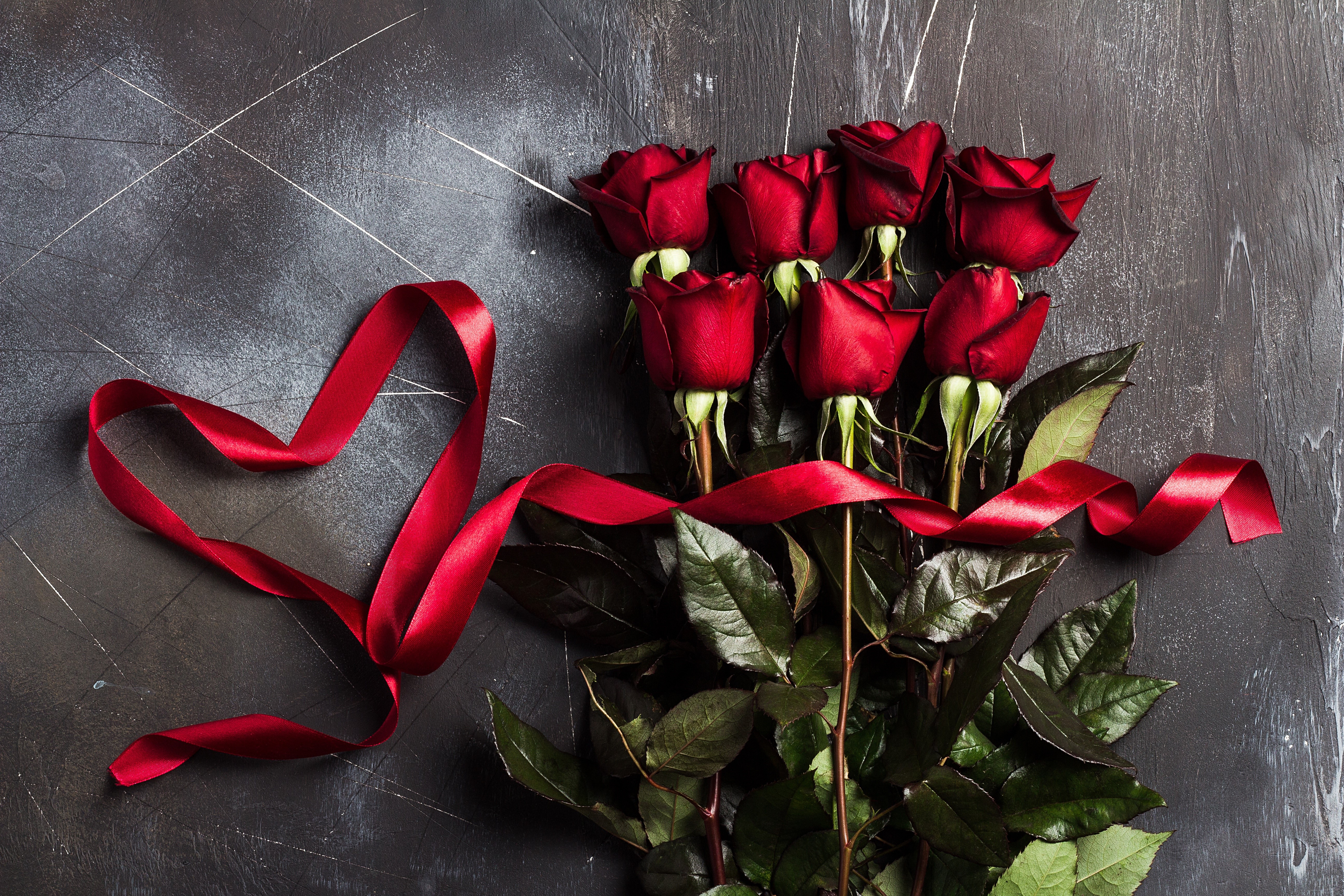 Red Roses with a Heart-Shaped Ribbon HD Wallpaper