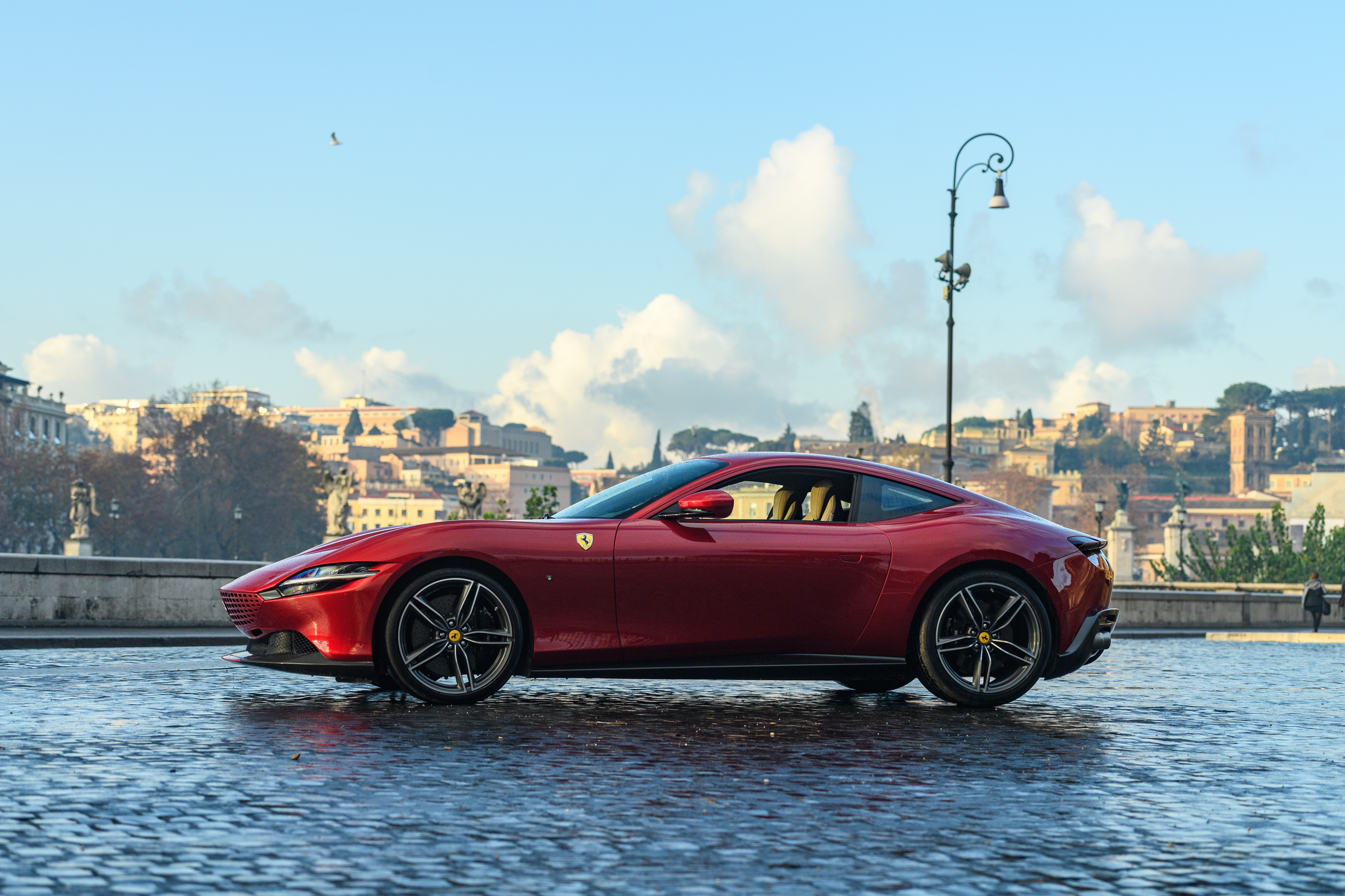 Red 2020 Ferrari Roma Coupe Side View HD Wallpaper