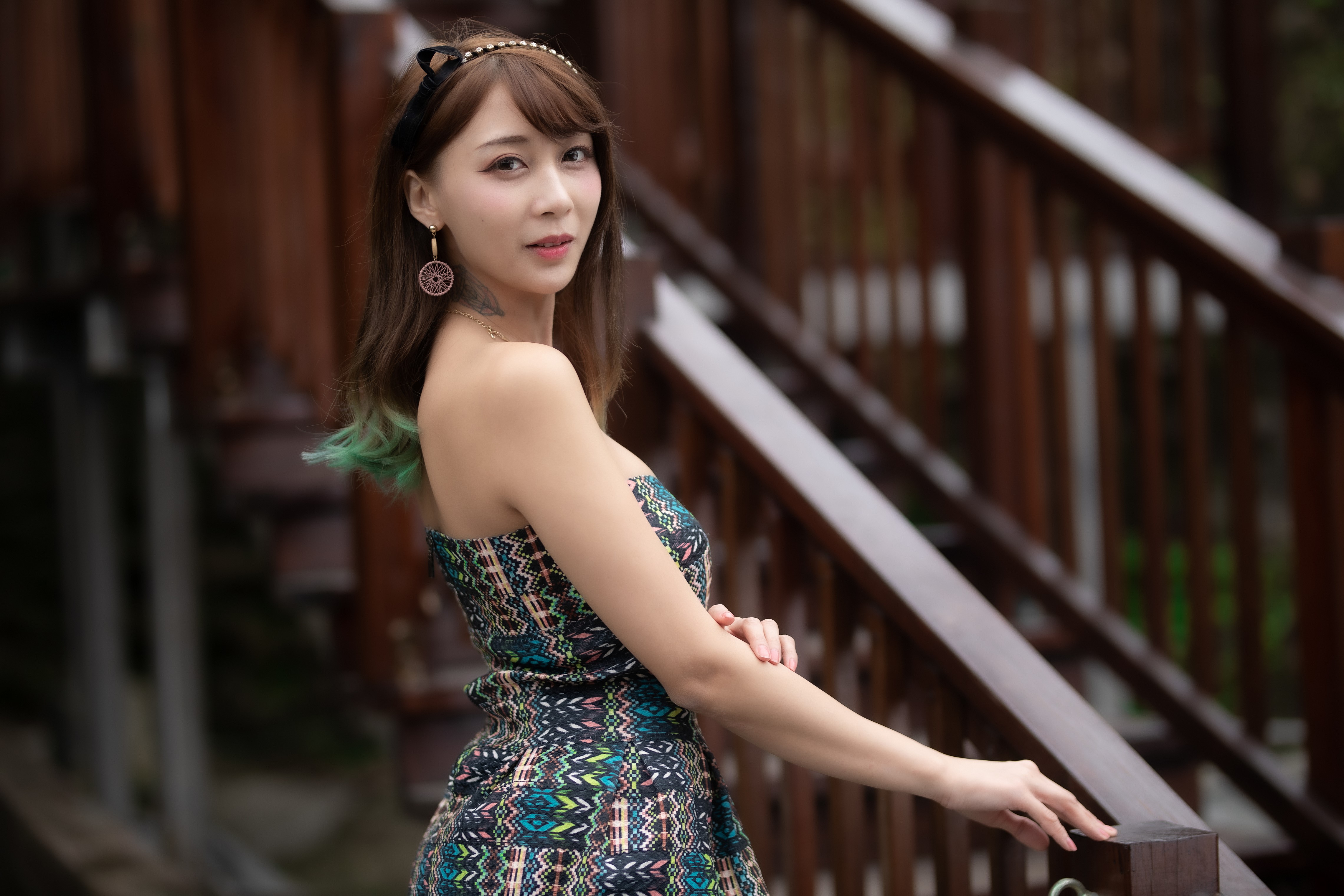 Asian woman with brown hair in a strapless dress HD Wallpaper