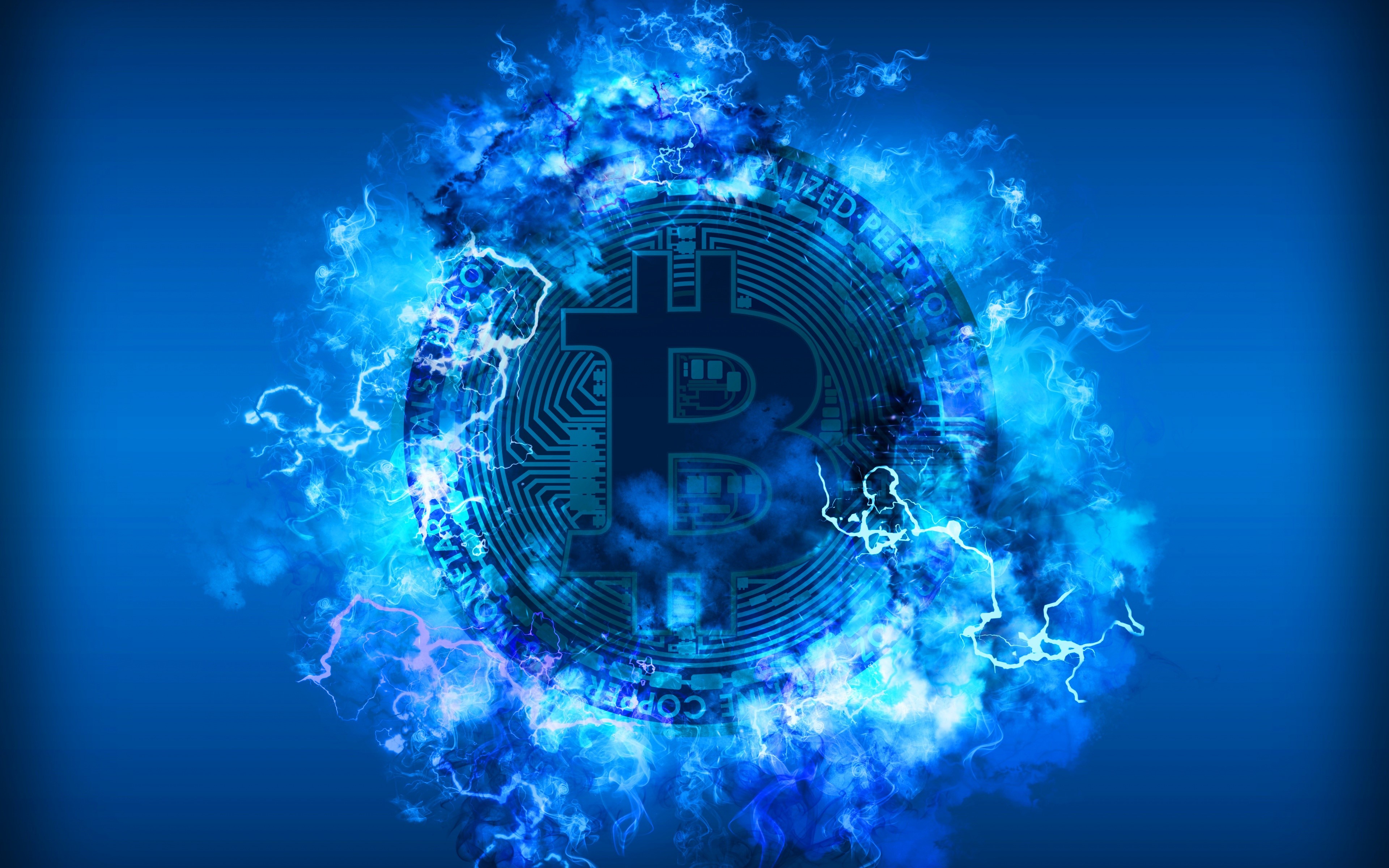 Bitcoin coin with blue lightning and smoke HD Wallpaper