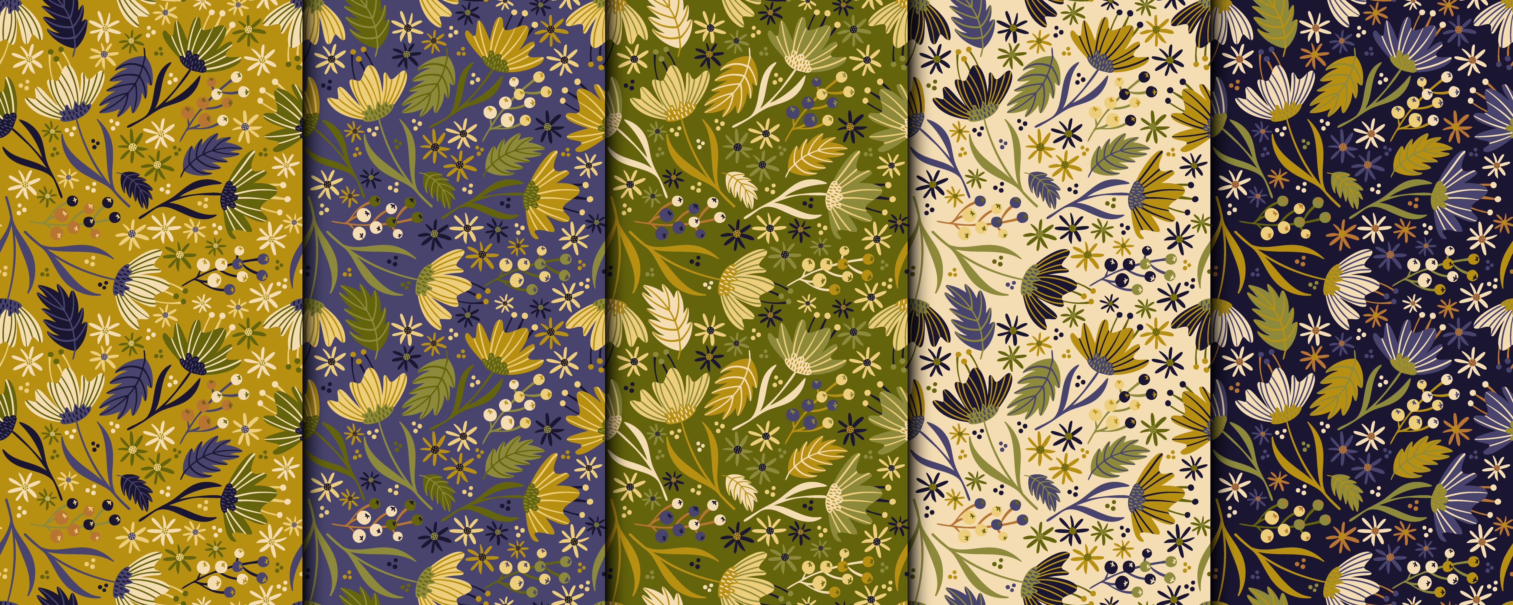 Floral patterns with yellow, blue, green, and cream backgrounds HD Wallpaper