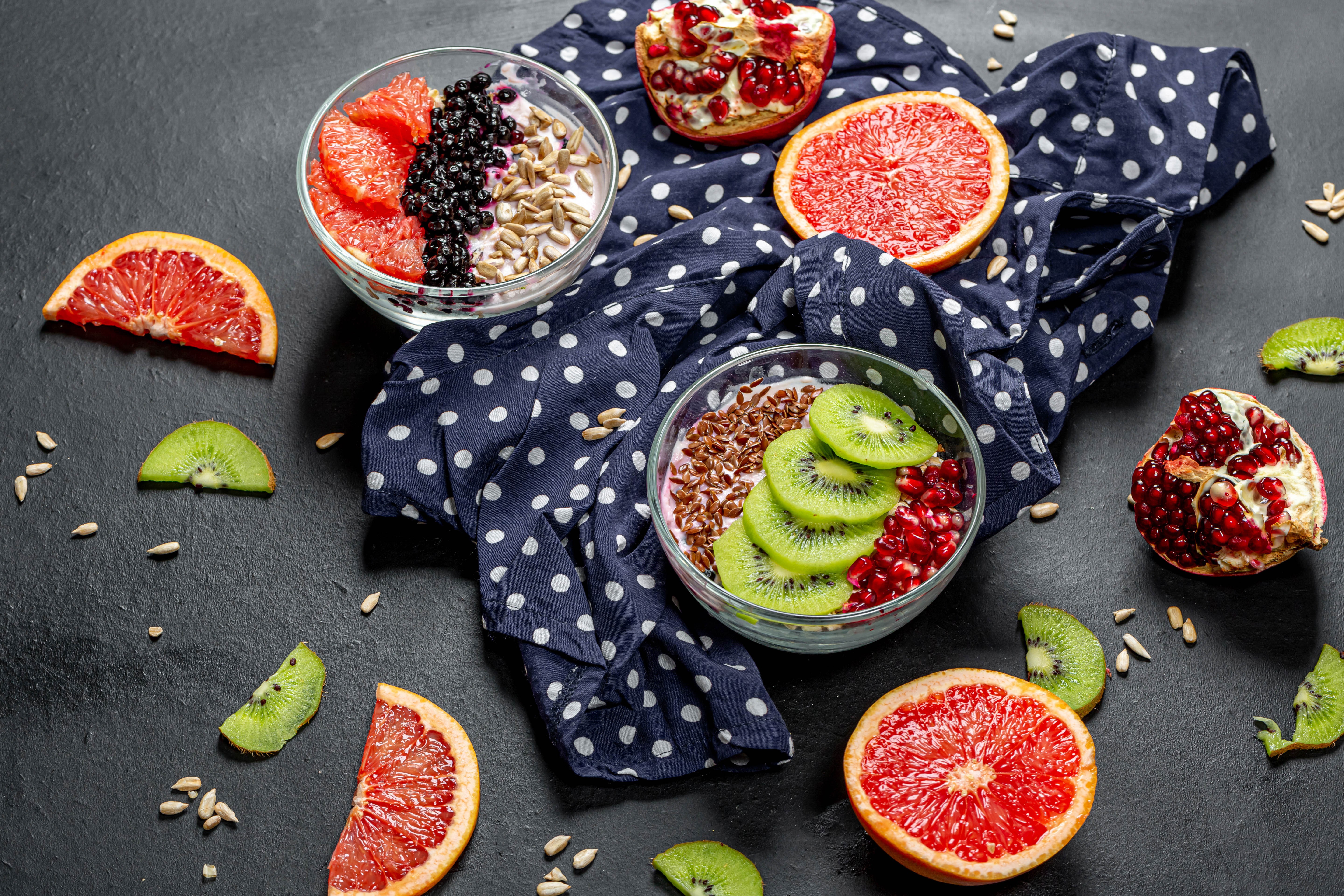 Grapefruit, Kiwi, Pomegranate, and Blueberry Yogurt Bowls HD Wallpaper