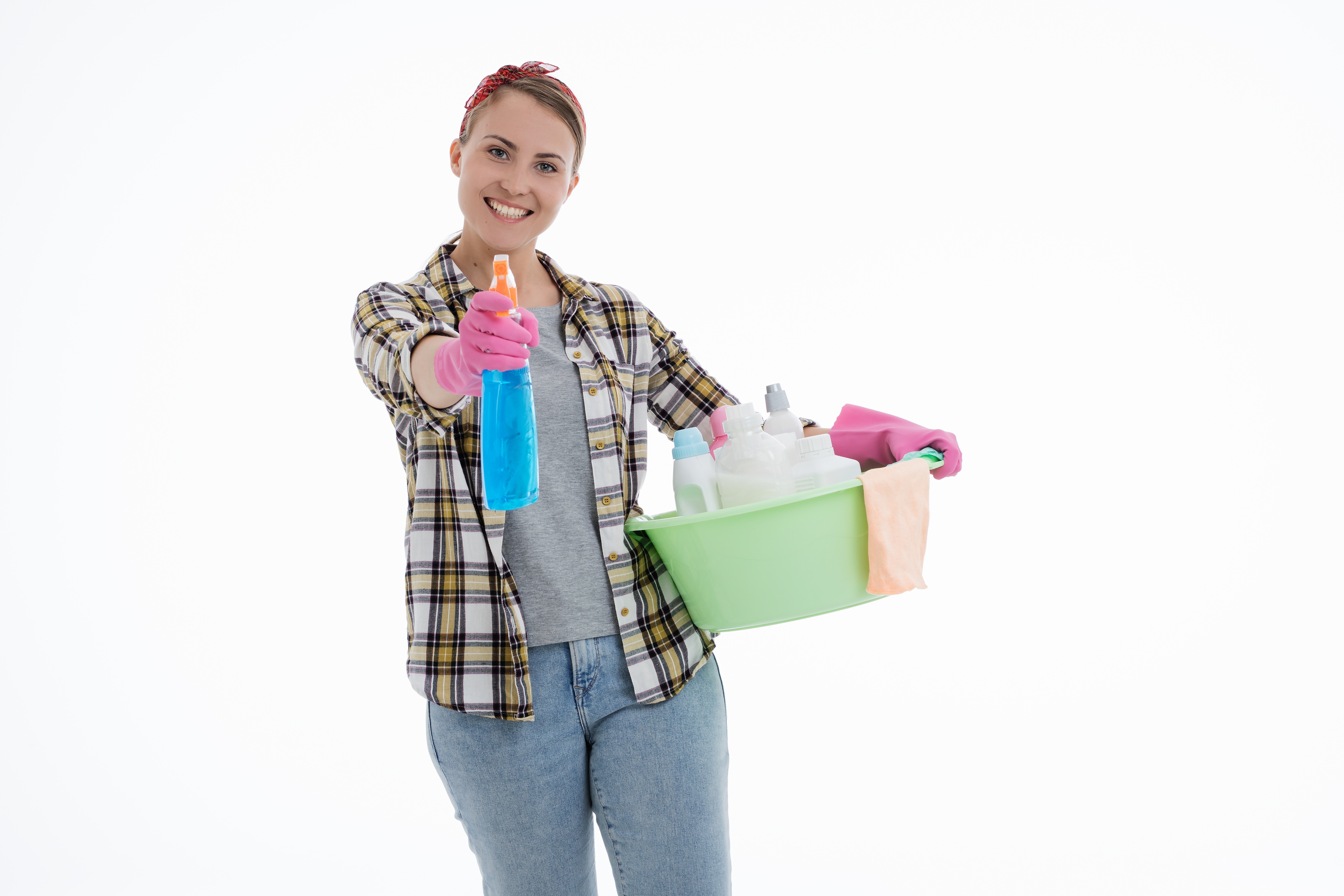 Woman with cleaning supplies on white background HD Wallpaper