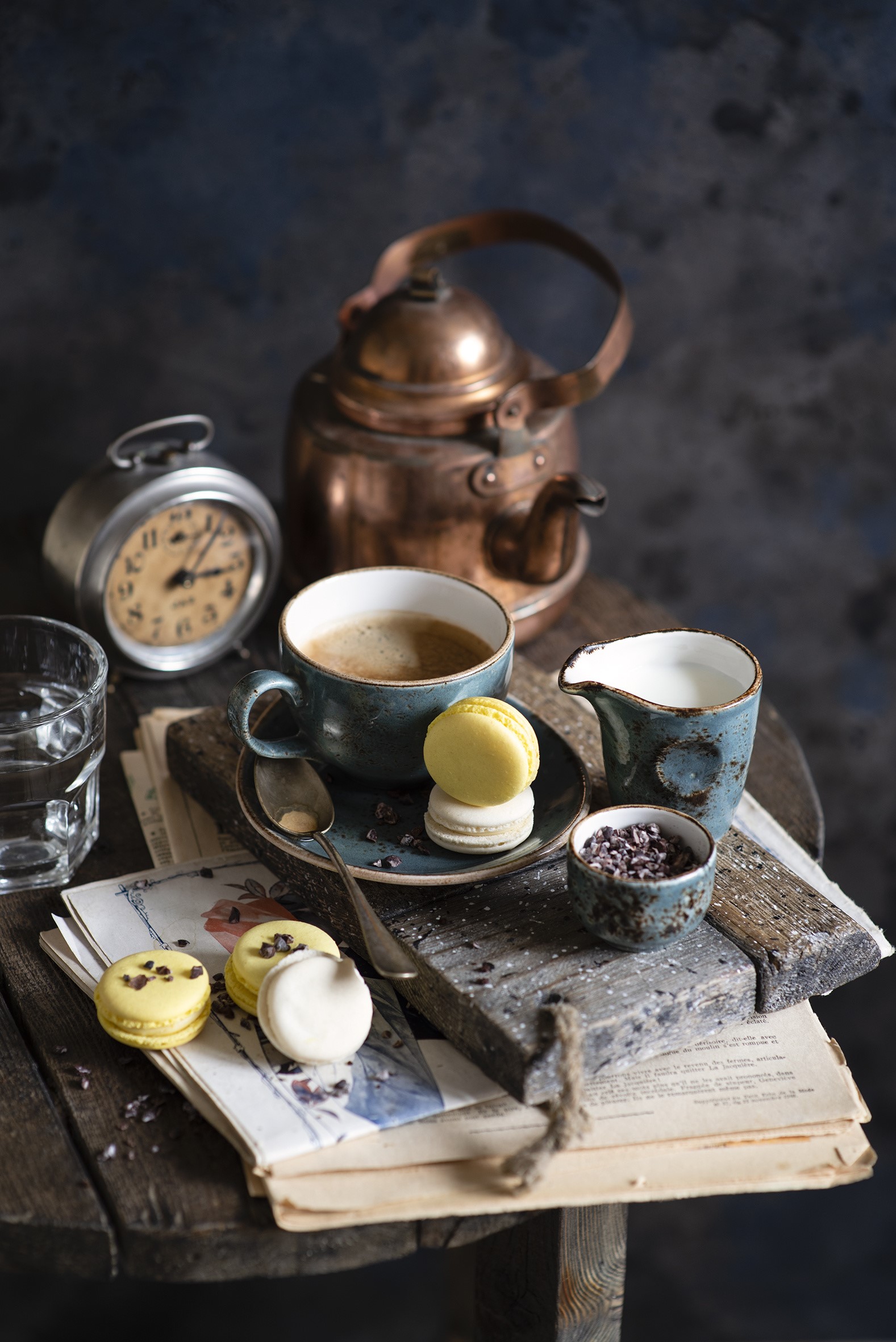 Still life with coffee, macarons, and vintage kettle HD Phone Wallpaper