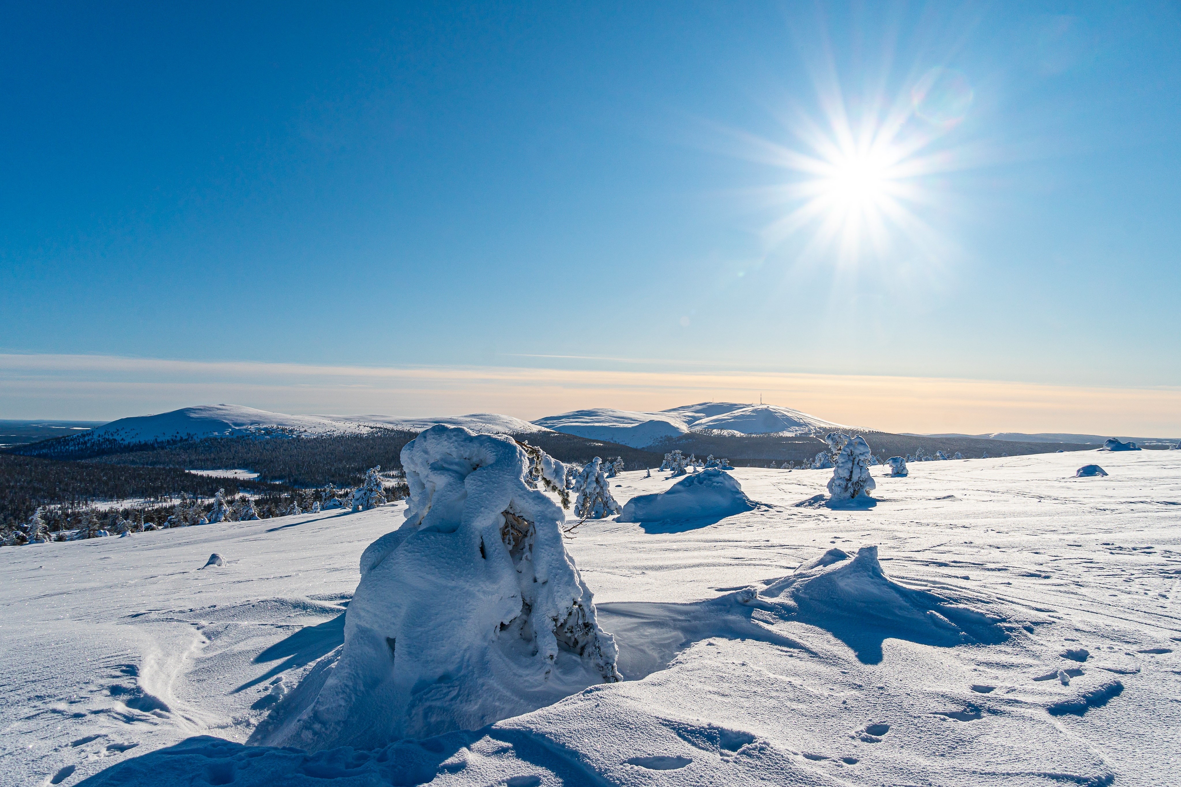 Winter landscape in Lapland, Finland with sun and snow HD Wallpaper