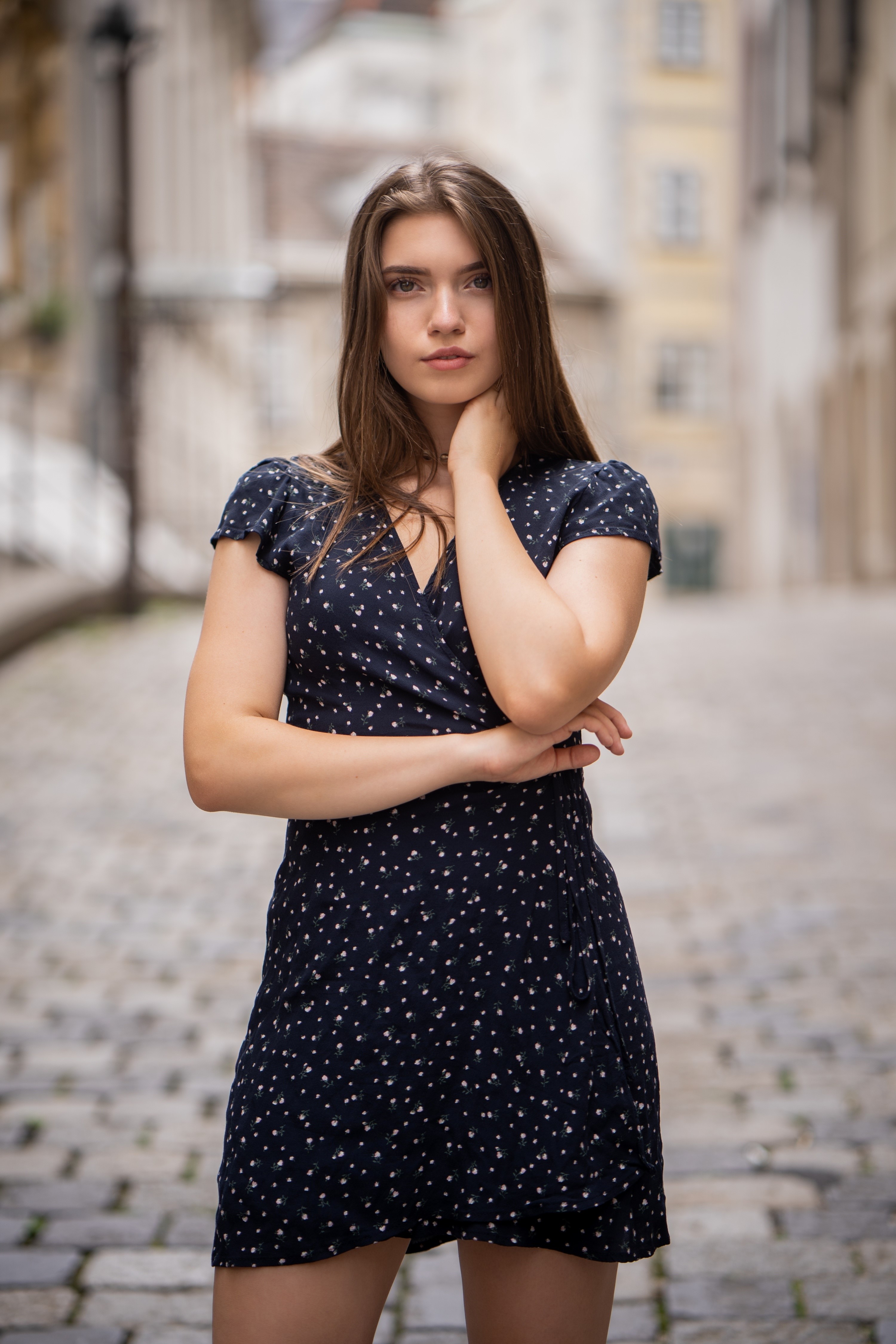 Vanessa Posing in Black Floral Dress HD Phone Wallpaper