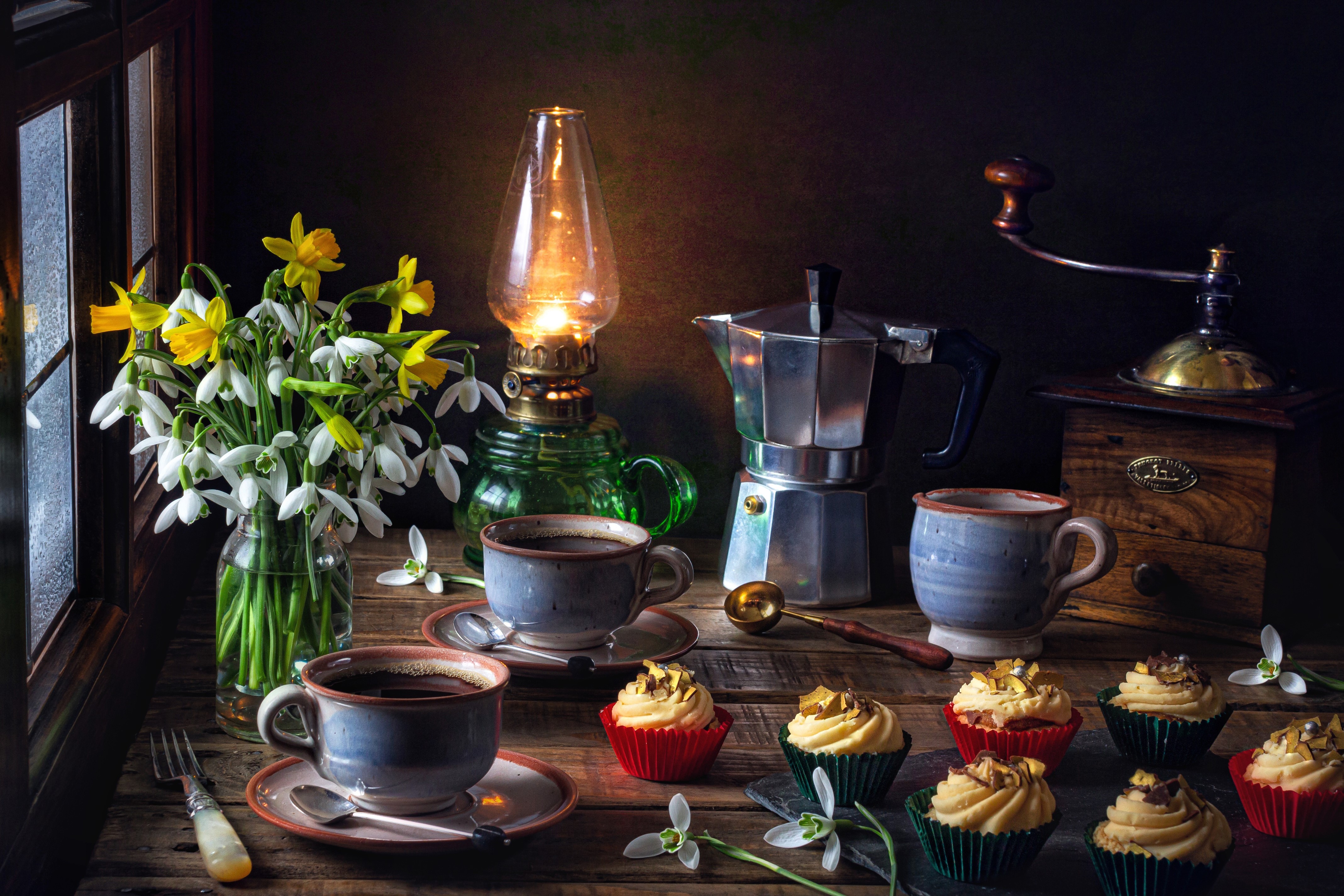 Still-life with coffee, flowers, and cupcakes HD Wallpaper