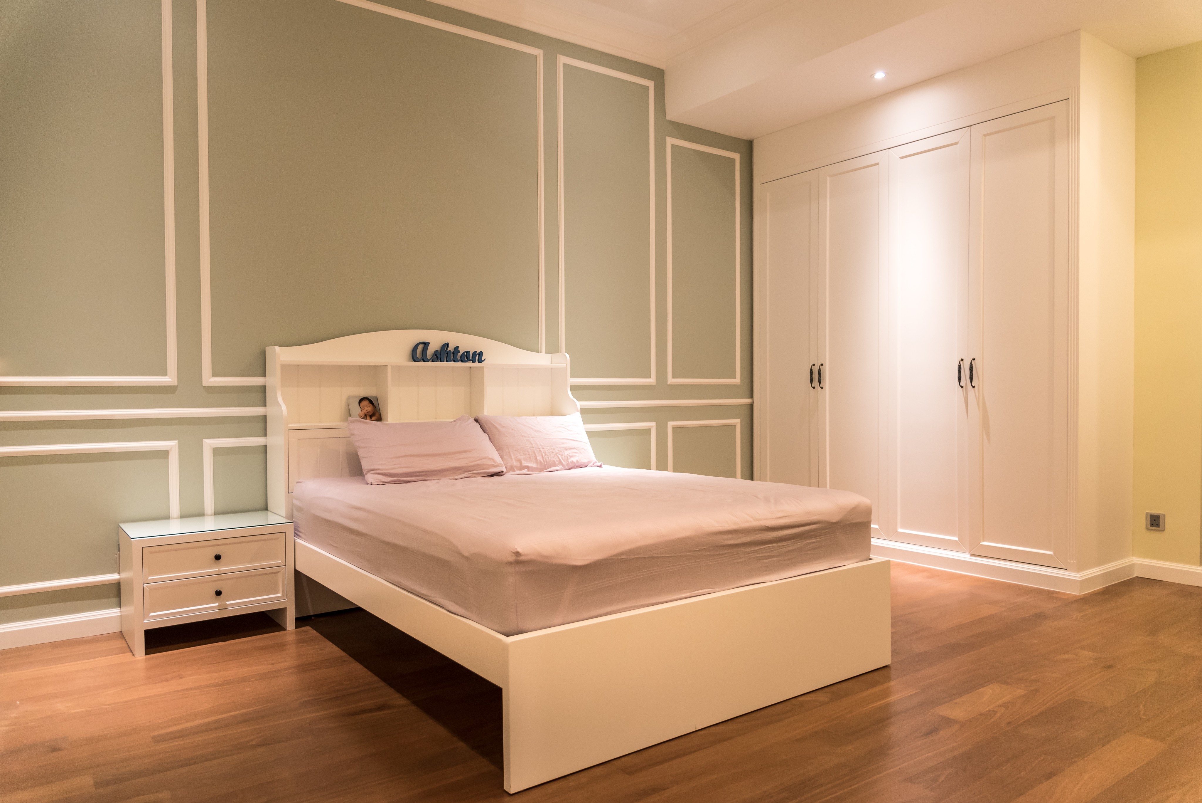 Bedroom with bed, nightstand, and wardrobe HD Wallpaper
