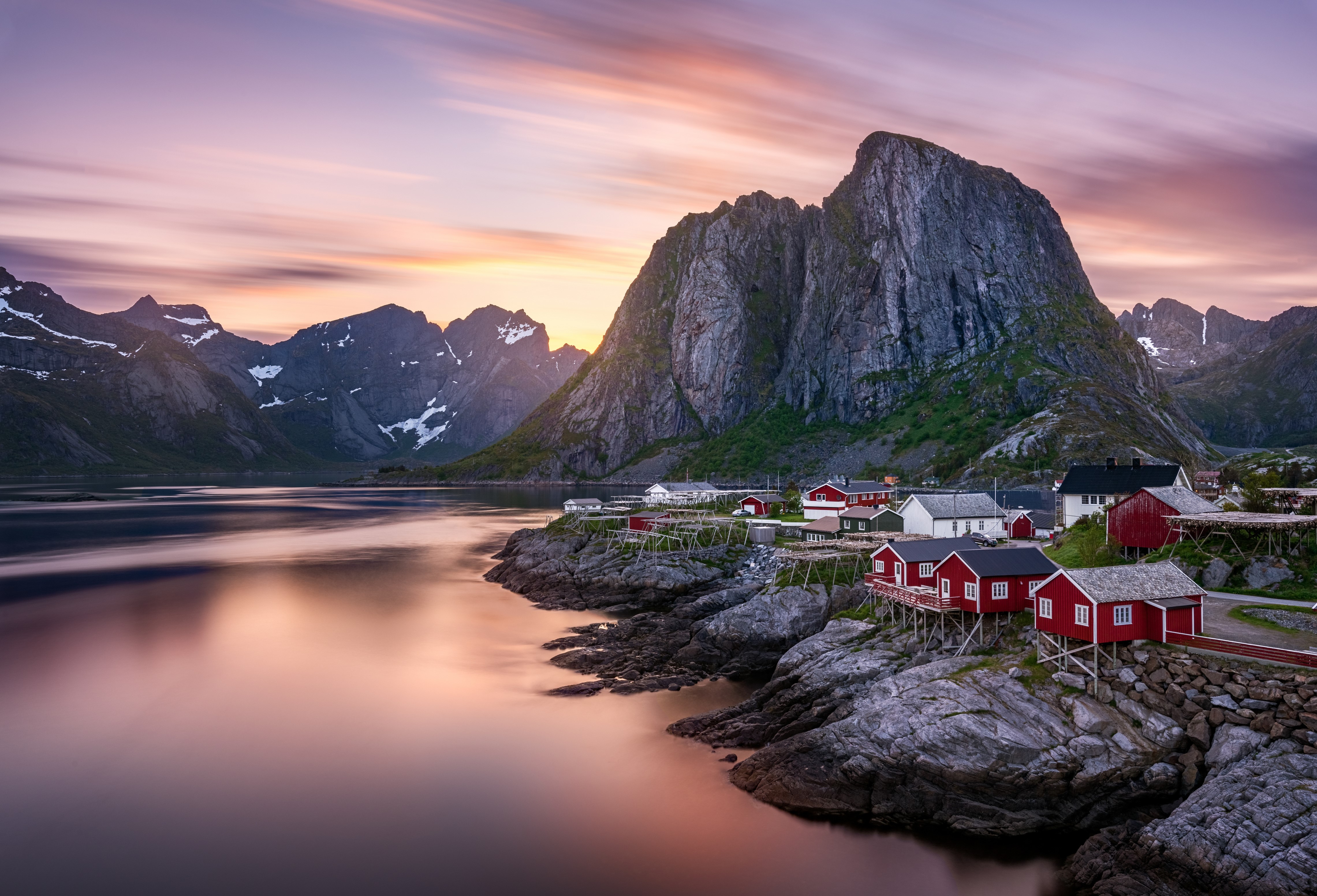 4K Lofoten Norway Mountains Sunrise Sunset Houses HD Wallpaper