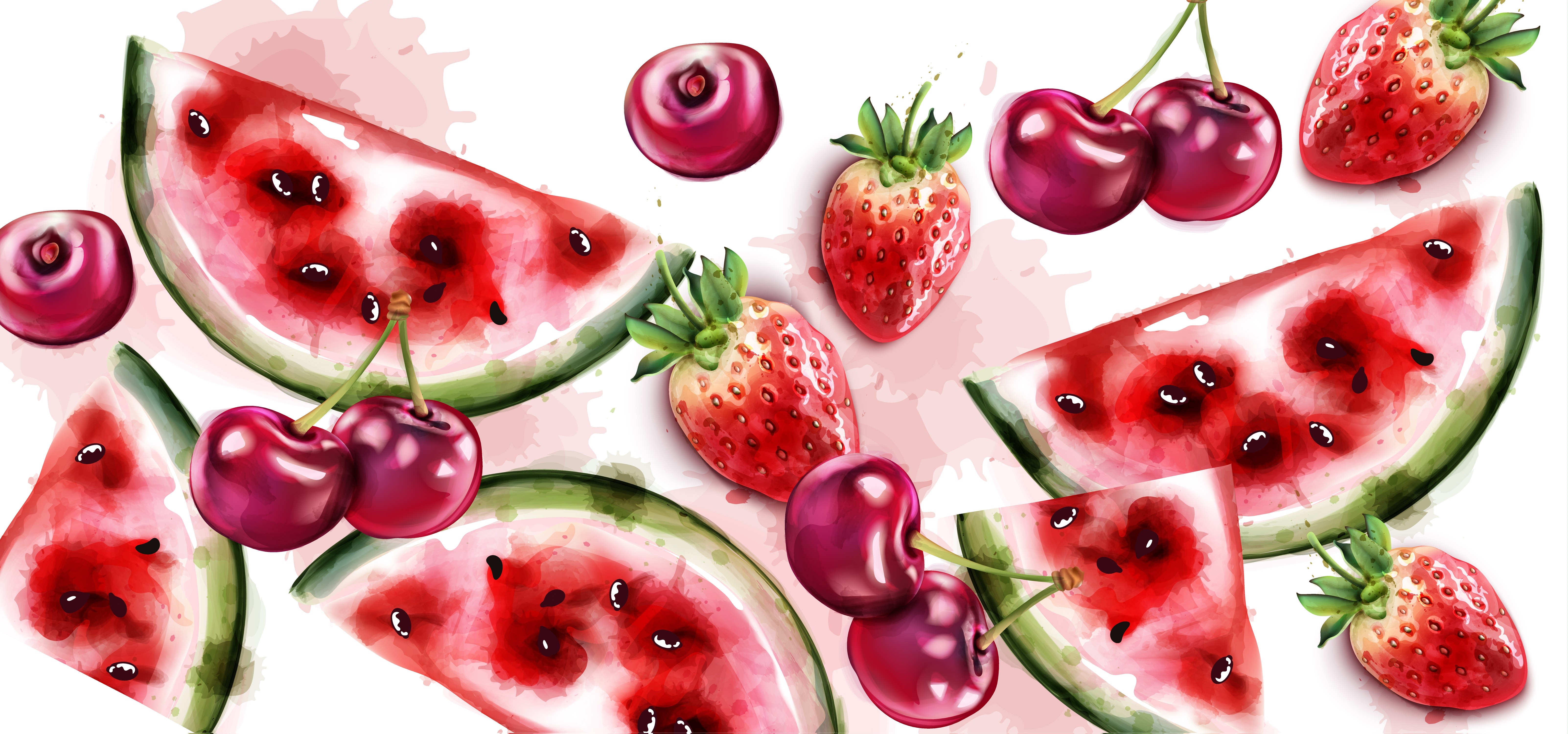 Watermelon, Cherry, and Strawberry Painting Art HD Wallpaper