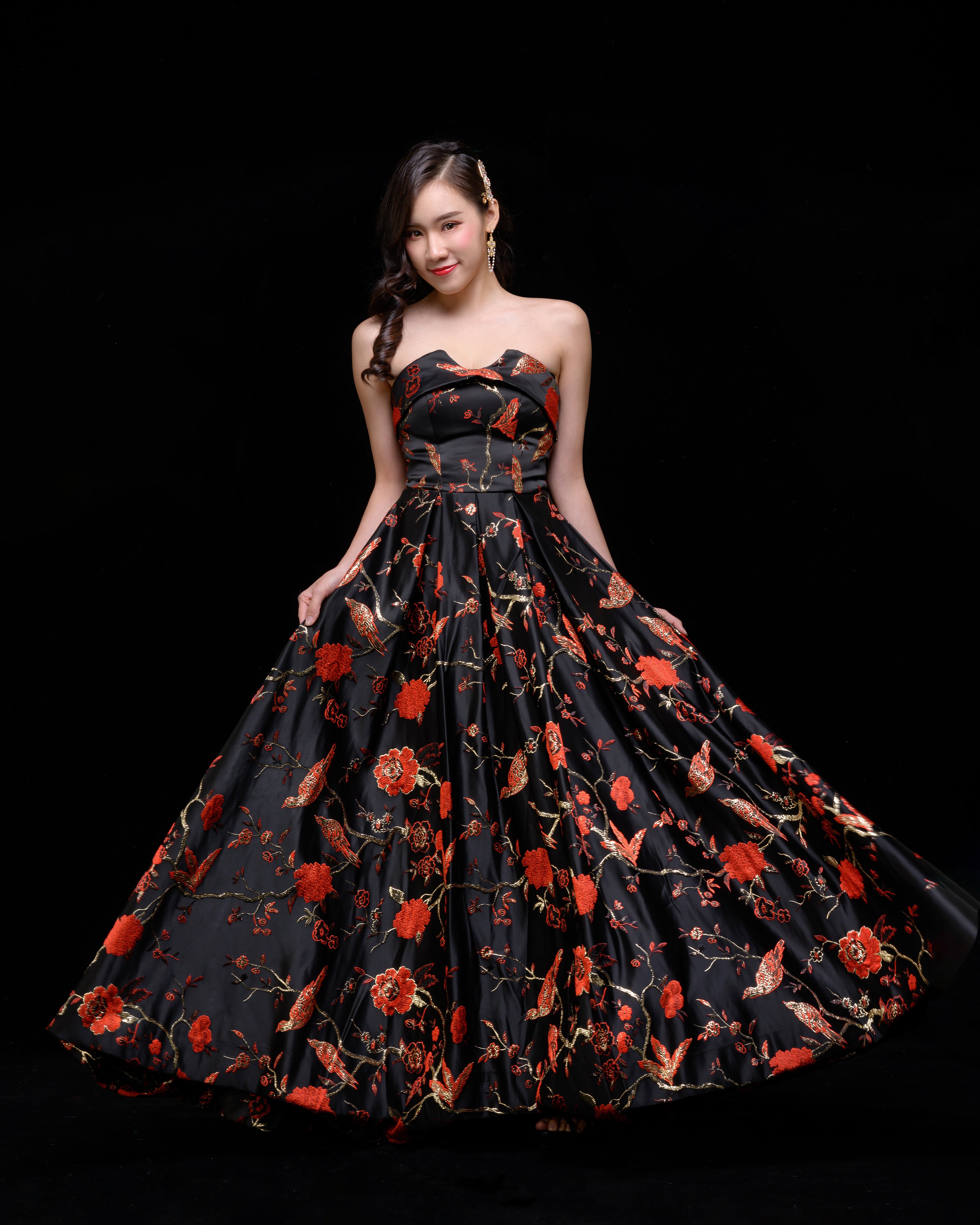 Asian woman in a black floral dress HD Phone Wallpaper