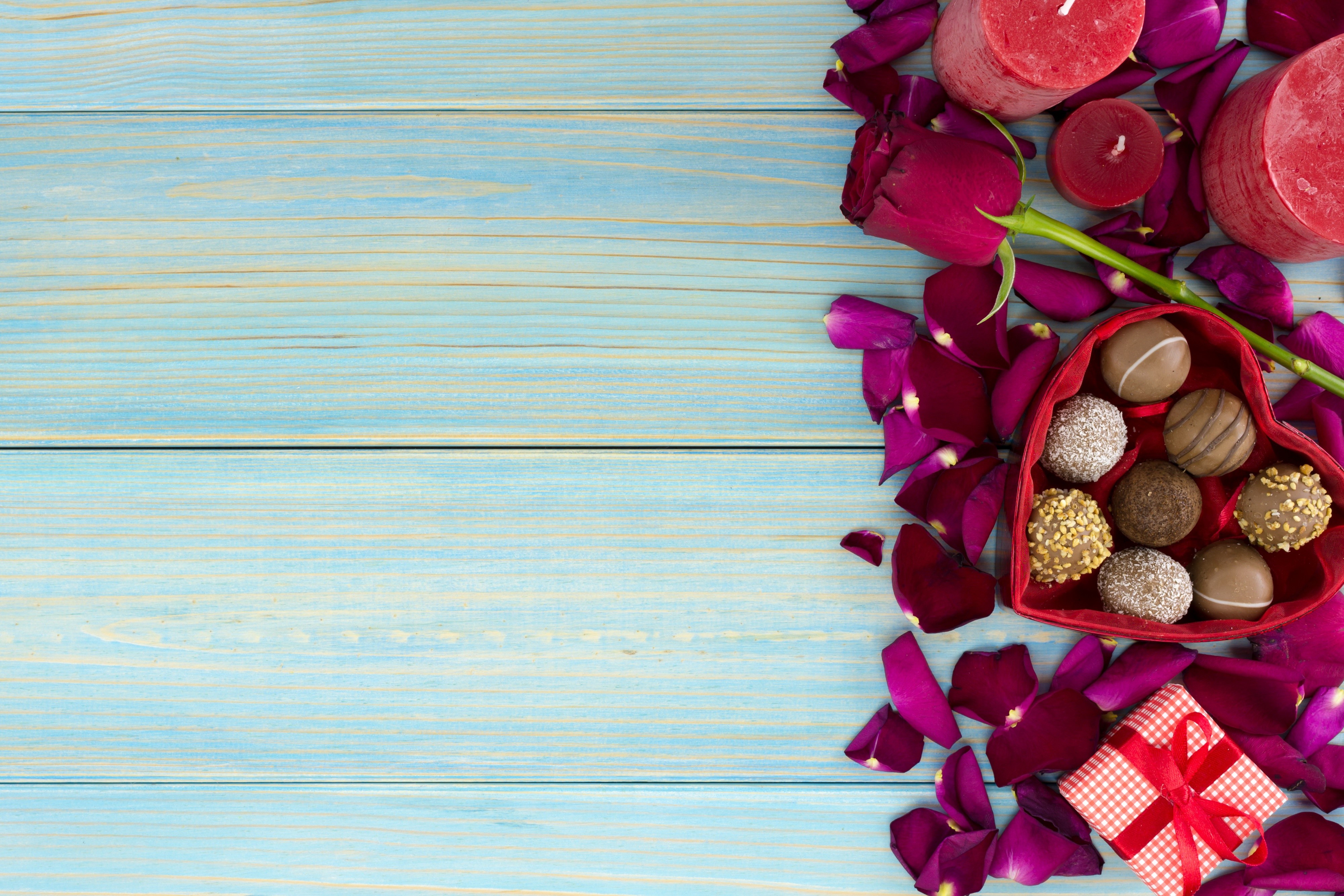 Valentine's Day Rose, Chocolates, Candles, and Gift on Wood HD Wallpaper